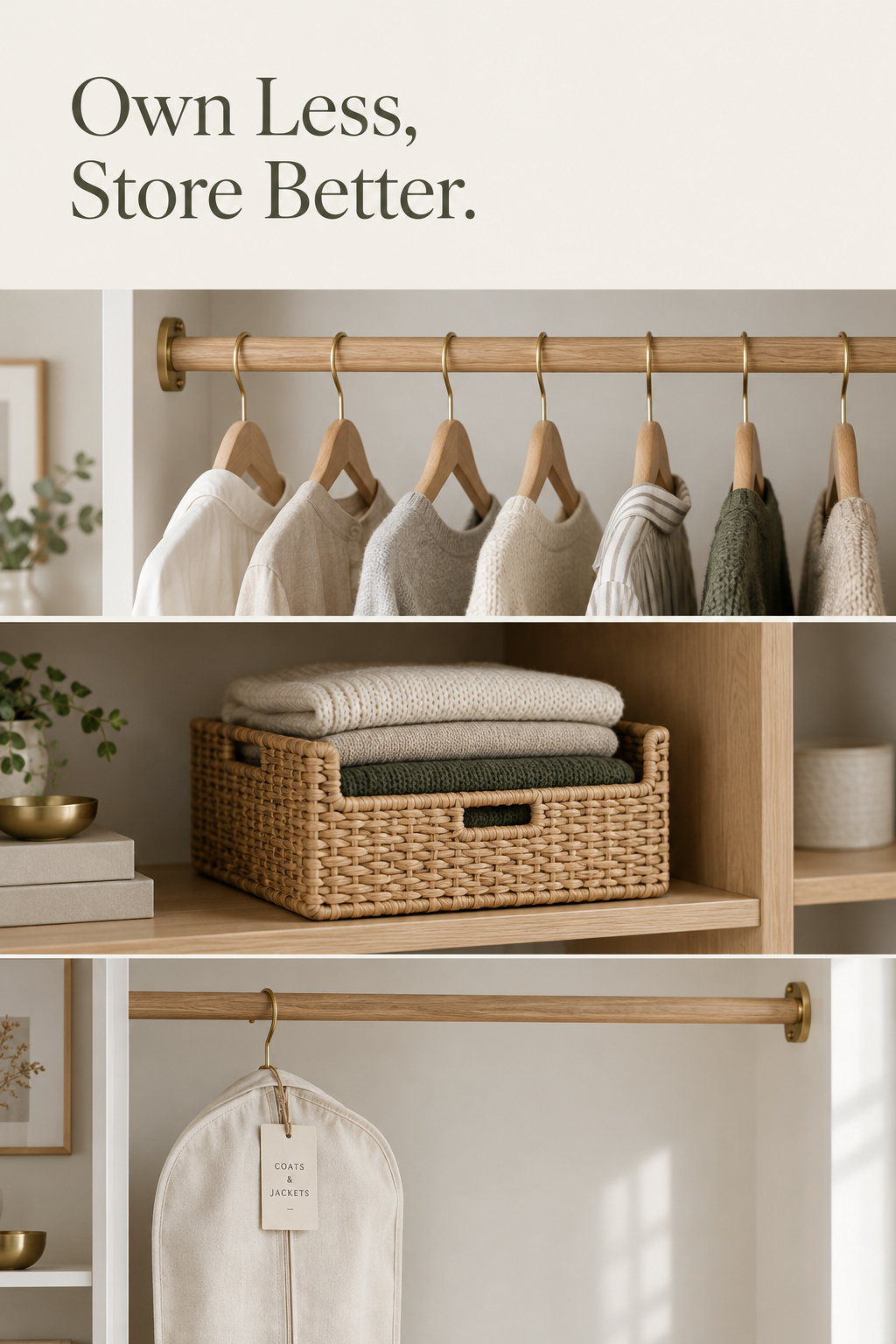 Pinterest pin collage of a capsule wardrobe closet showing an edited rod, folded knits in a rattan bin, and a canvas garment bag
