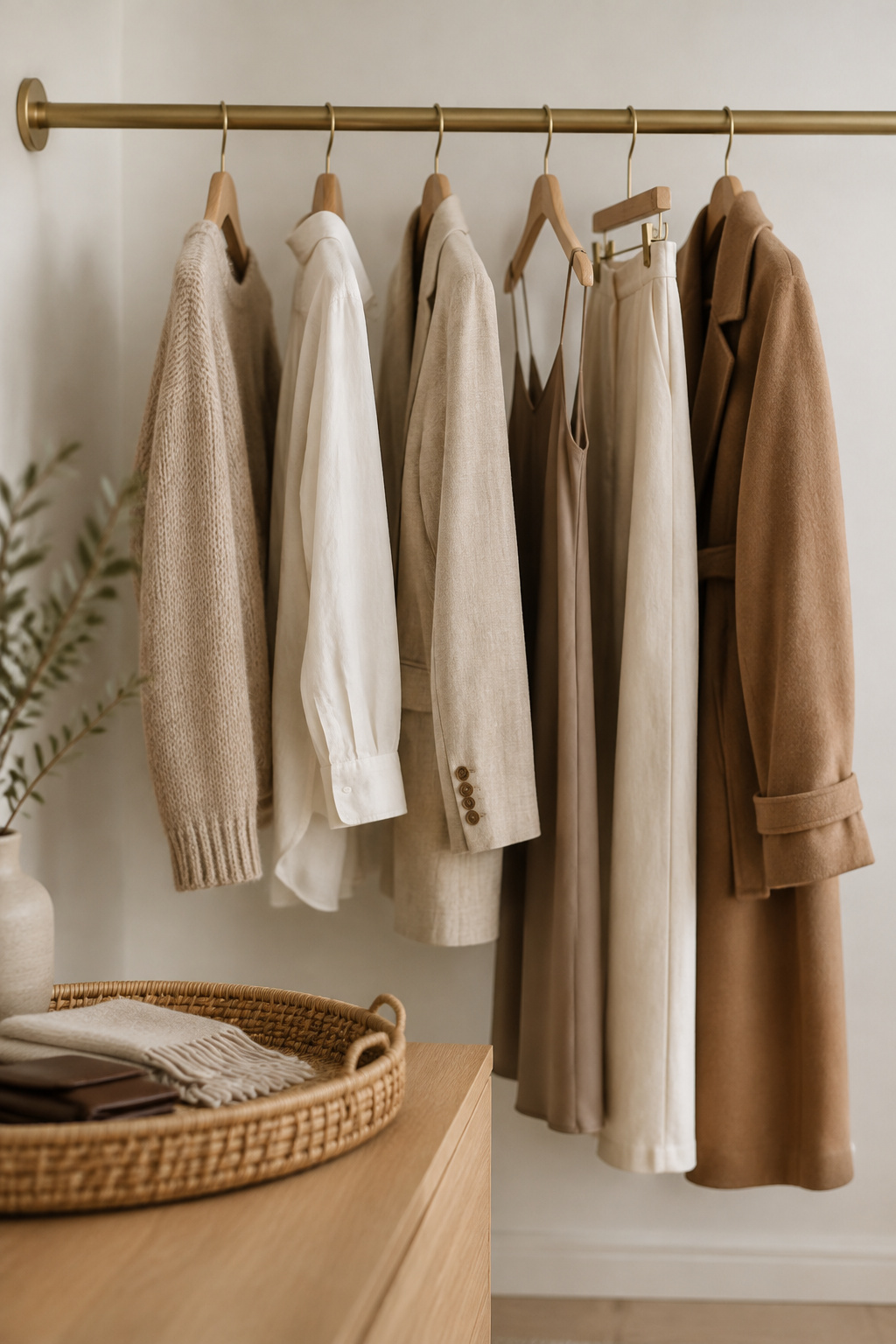 Lightly filled closet rod holding a curated, well-spaced capsule wardrobe in a coordinated palette