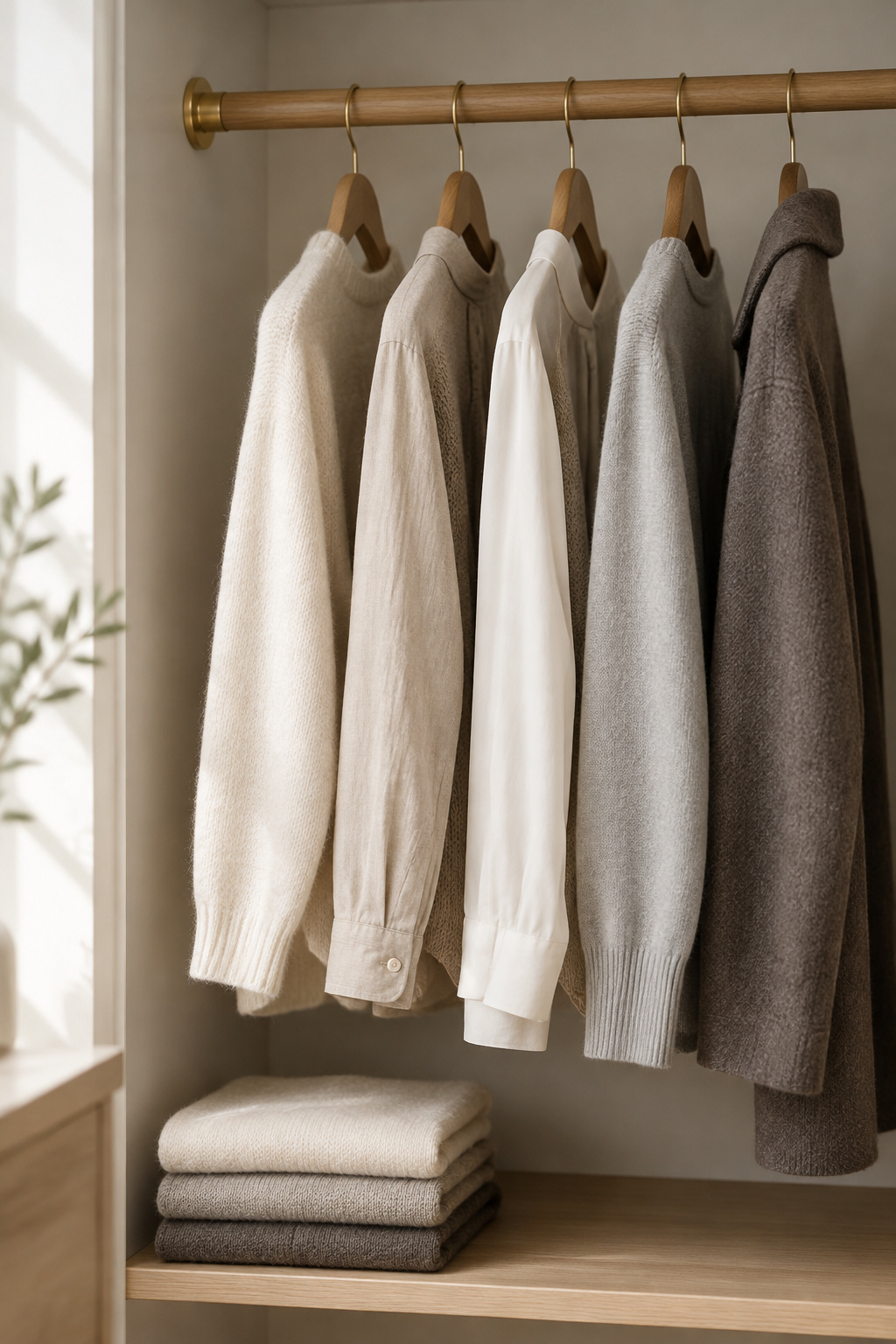 Small coordinated capsule wardrobe of neutral clothing spaced evenly along an oak closet rod