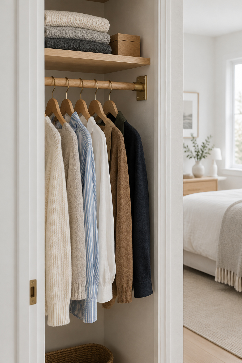 Small reach-in closet holding an edited capsule wardrobe on a single oak rod with folded knits above