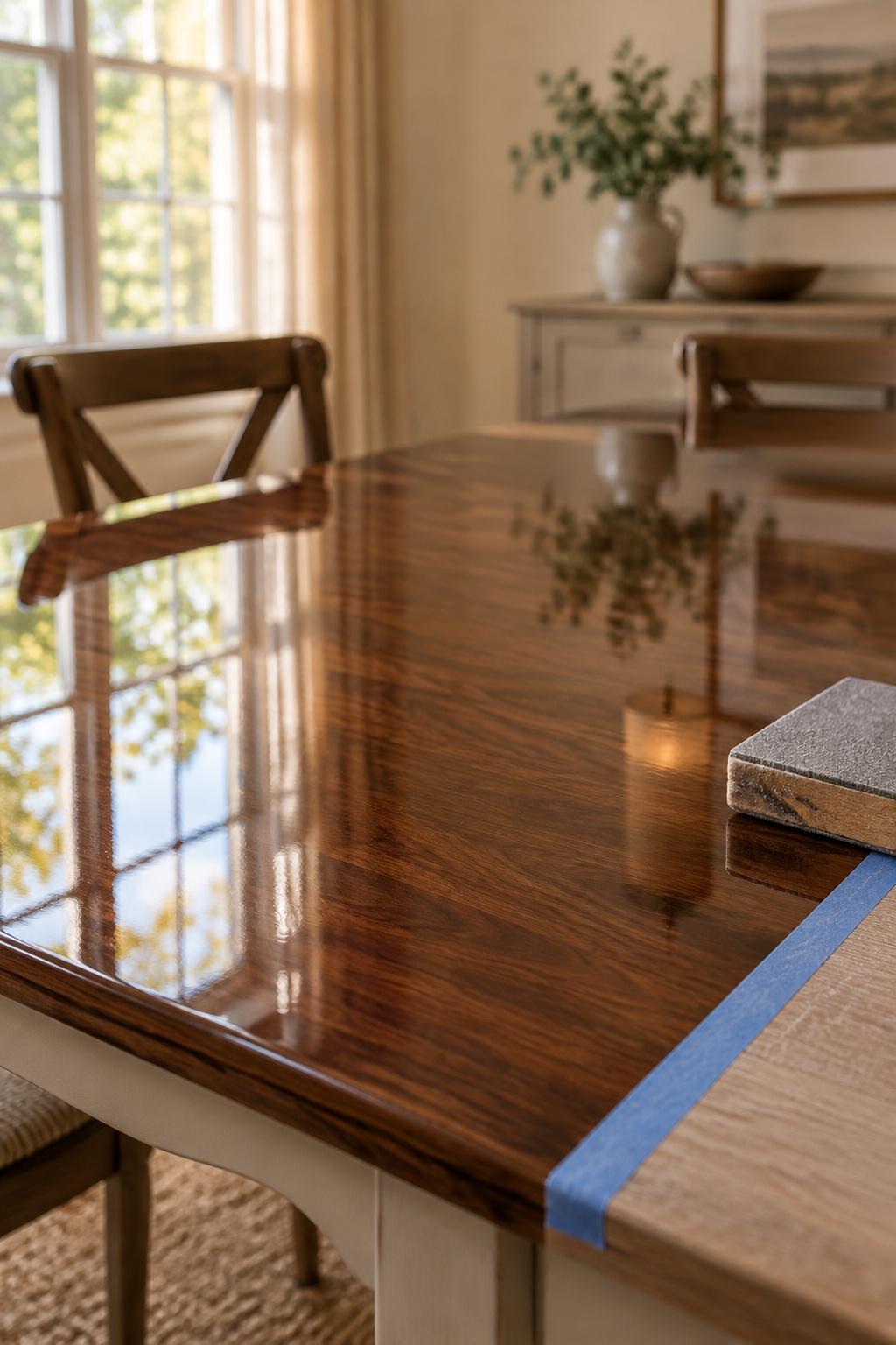 Tabletop section with an ultra-glossy, glass-like catalyzed varnish finish reflecting window light, sanding block at the edge