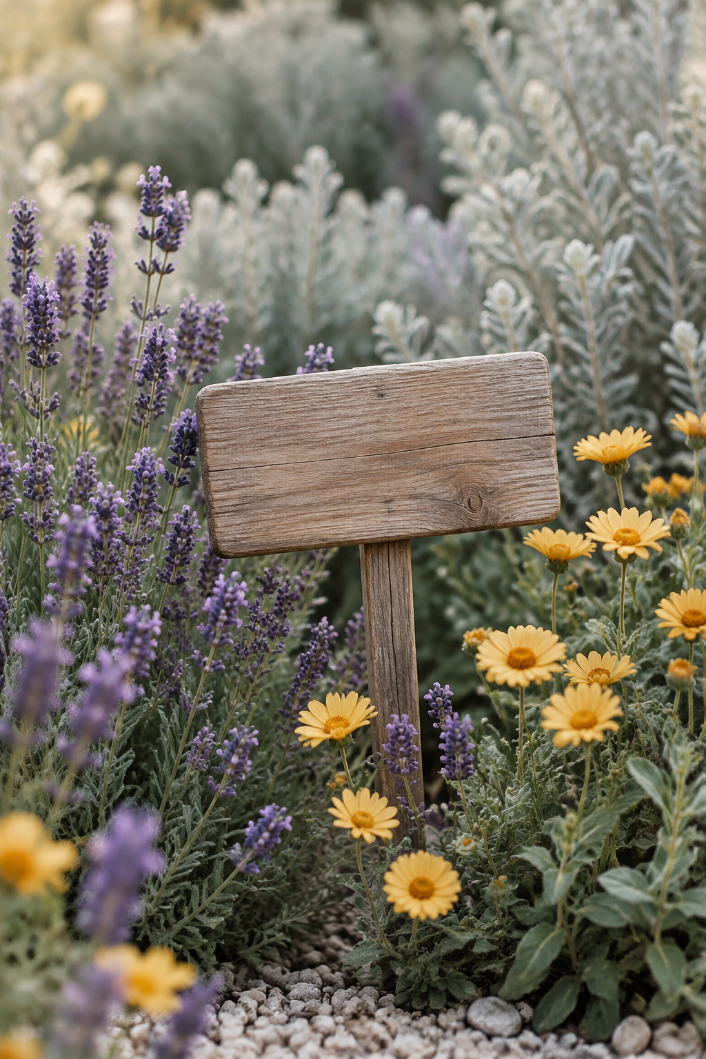 Blank weathered cedar plant marker staked among lavender and butterscotch blooms in a pollinator bed