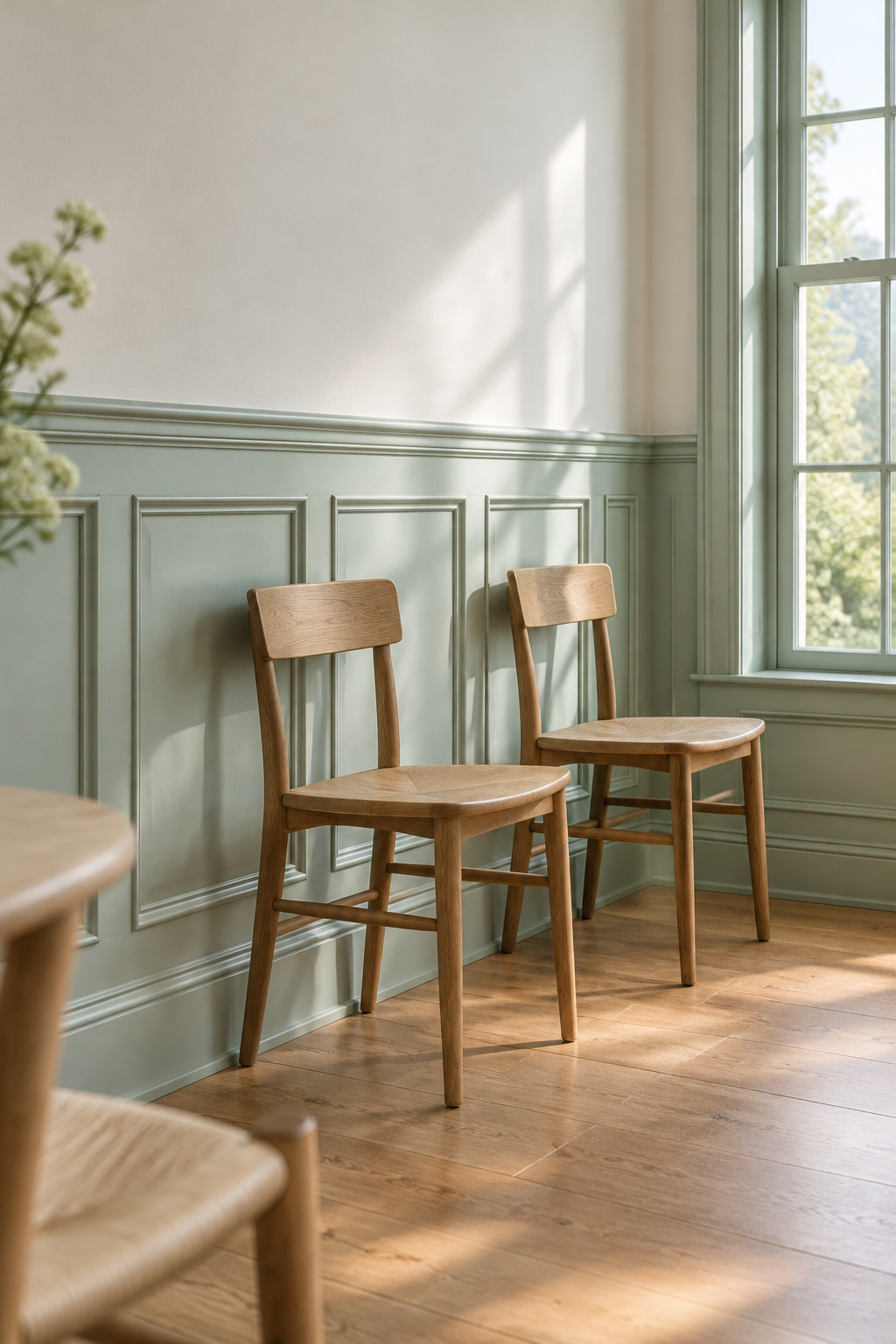 Pale celadon raised-panel wainscot in a daylight dining room with two plain wooden chairs pushed back against the rail