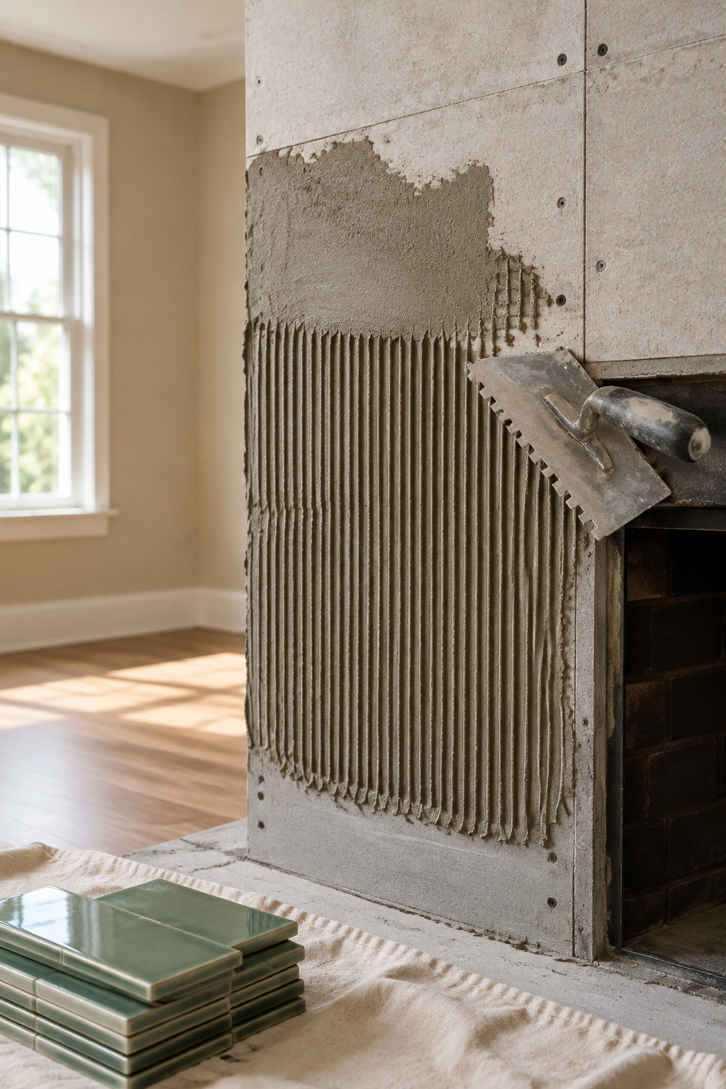 Thinset being trowelled onto cement backer board on a fireplace surround before green tile installation