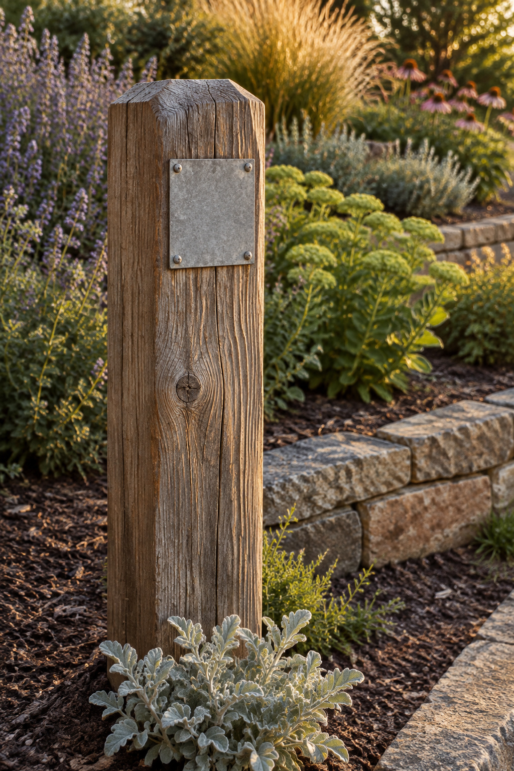 Weathered cedar post holding a blank zinc habitat marker plaque at the edge of a layered planting bed