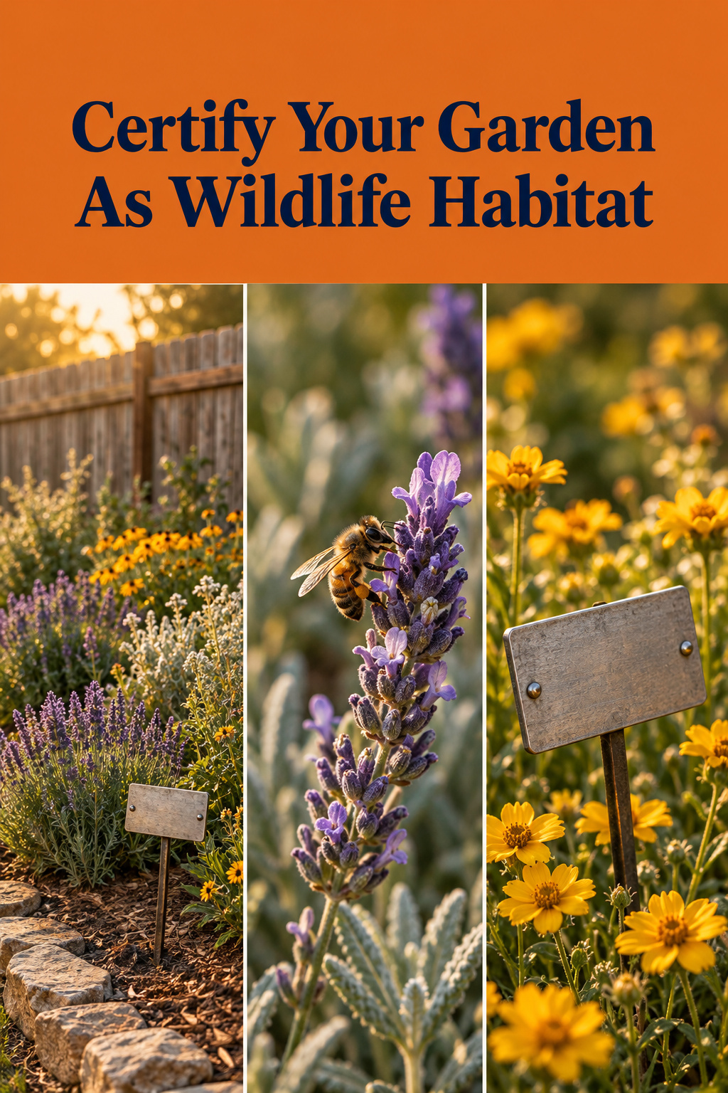 Pinterest collage of a certified wildlife habitat garden showing a marker sign, a bee on lavender, and a close-up plaque