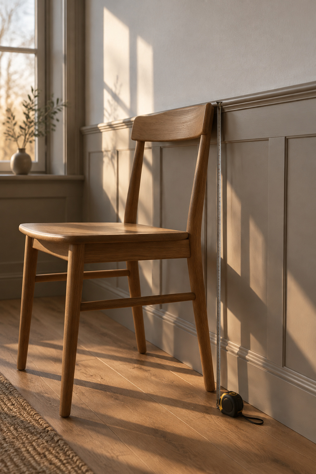 Plain wooden dining chair pushed back so its top rail touches a mushroom-painted paneled wall with a tape measure beside it