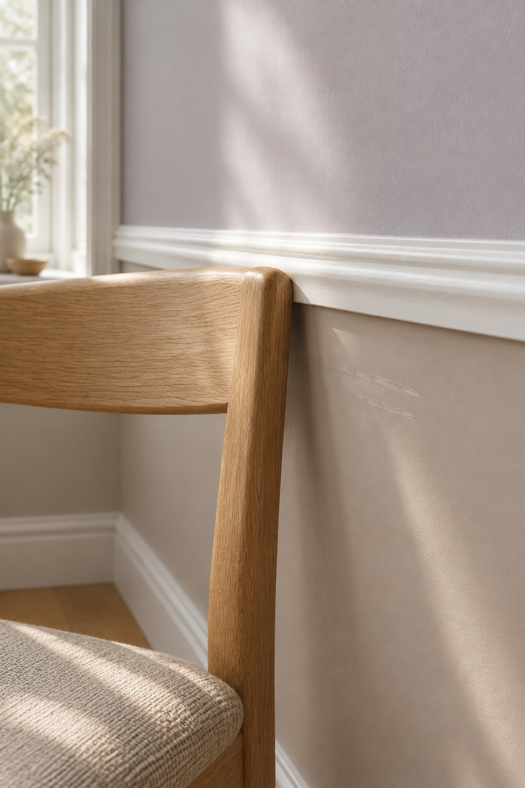 Oak dining chair back touching a white chair rail with faint scuff marks on the mushroom-painted wall below
