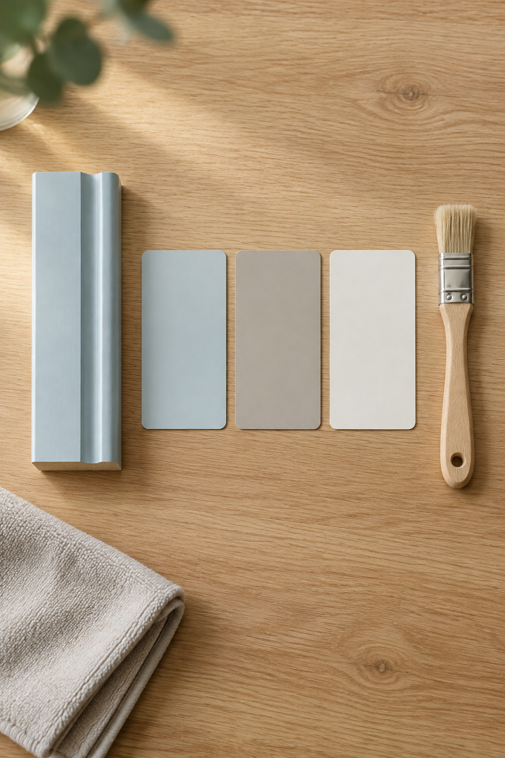 Flat lay on an oak table with a painted rail offcut, three blank paint sample cards and a small brush