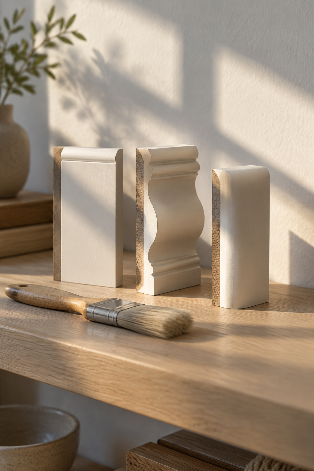 Three painted chair rail offcuts in flat, colonial and simple rounded profiles standing on an oak shelf with crisp shadow lines