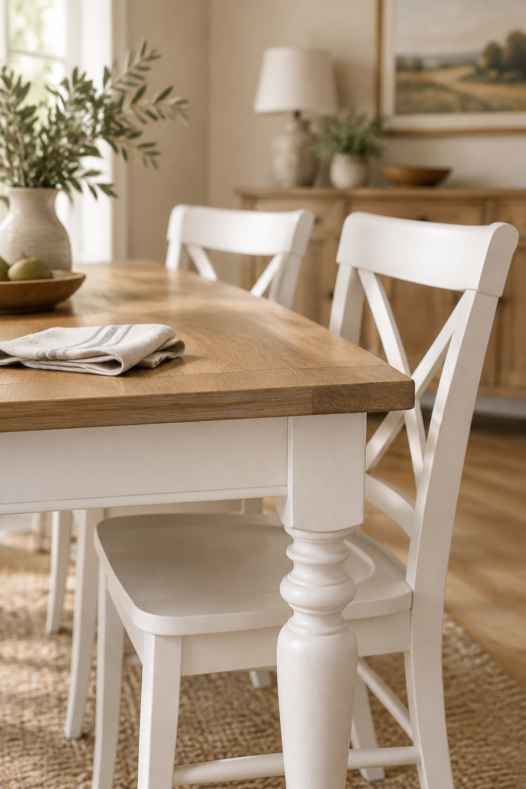 White painted dining chairs matching the painted base of a two-tone oak dining table