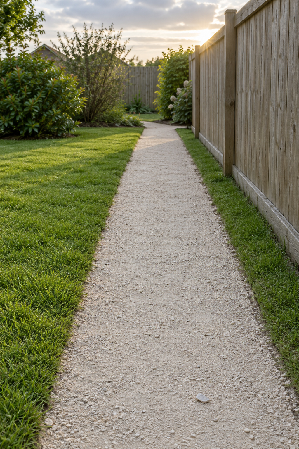 A narrow path of packed pale stone fines running along short mown grass beside a wooden fence in a small side yard