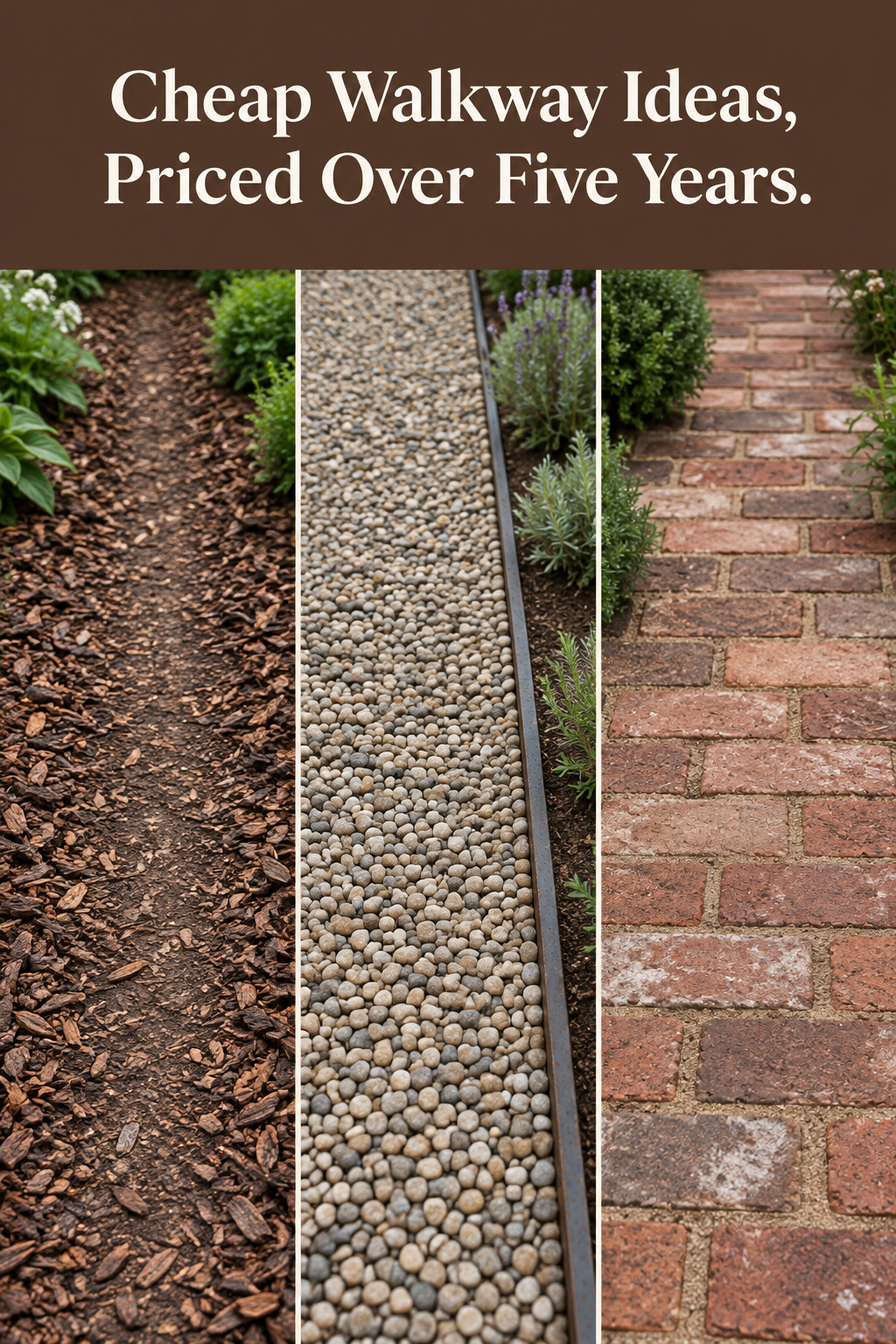 Pinterest collage of three cheap path surfaces, bark, pea gravel and reclaimed brick, under a bark brown band carrying the headline Cheap Walkway Ideas, Priced Over Five Years