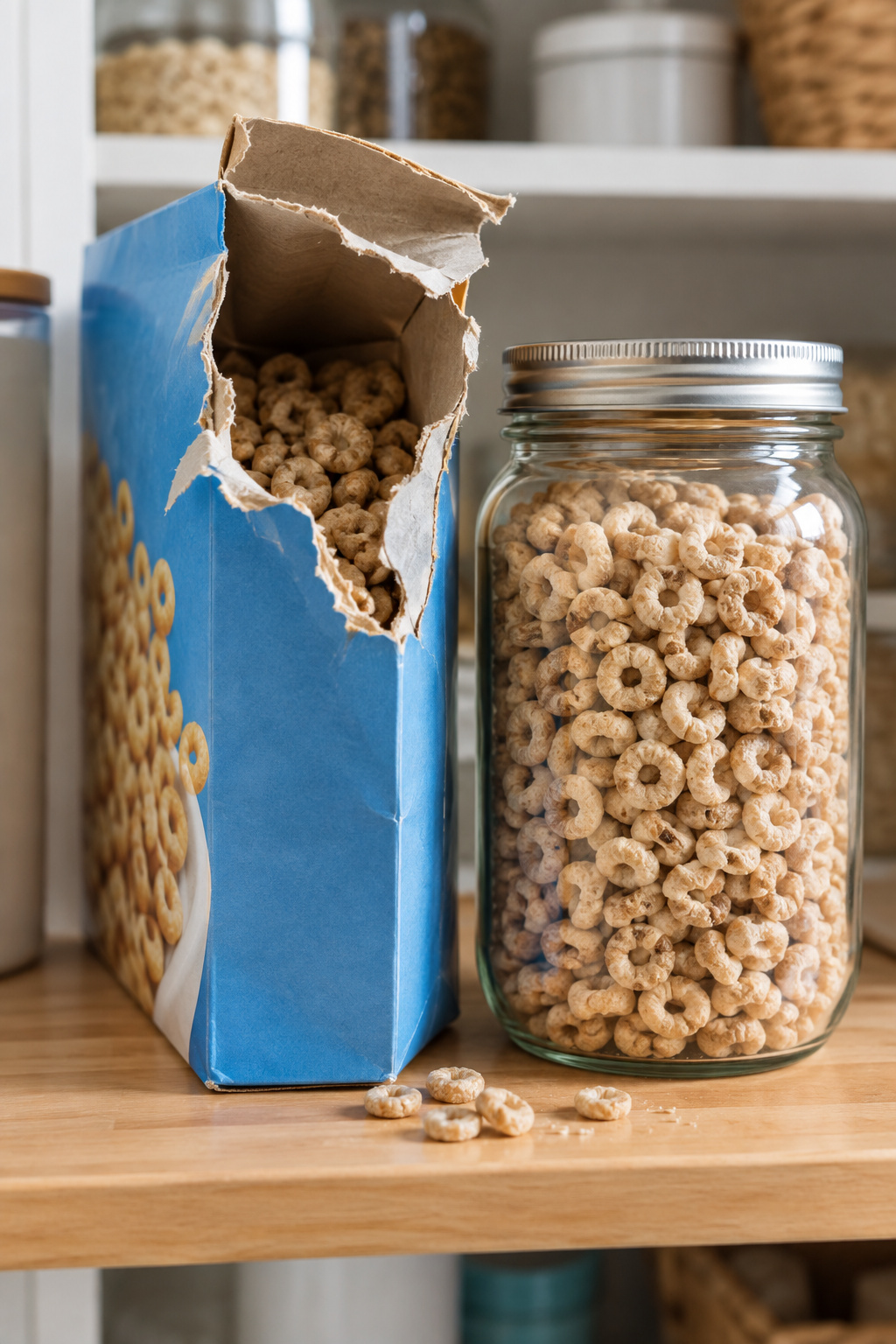 A chewed-open cardboard cereal box beside a sealed glass jar holding the same cereal