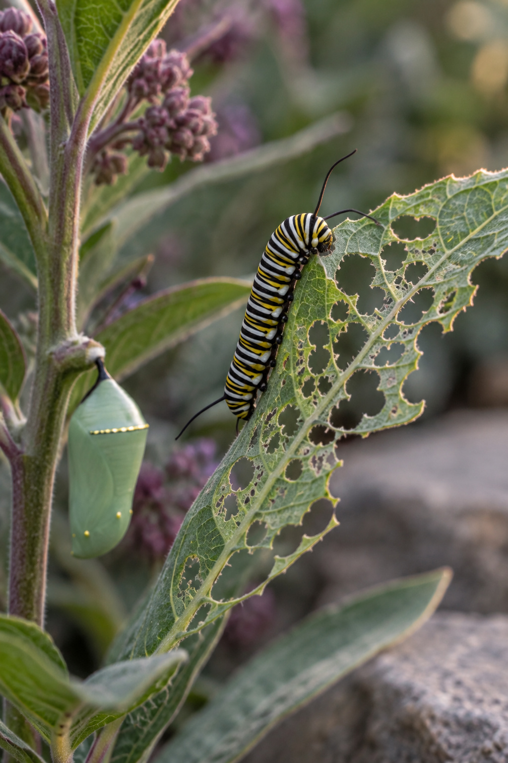 Small banded caterpillar feeding on a heavily chewed milkweed leaf with a jade-green chrysalis hanging nearby