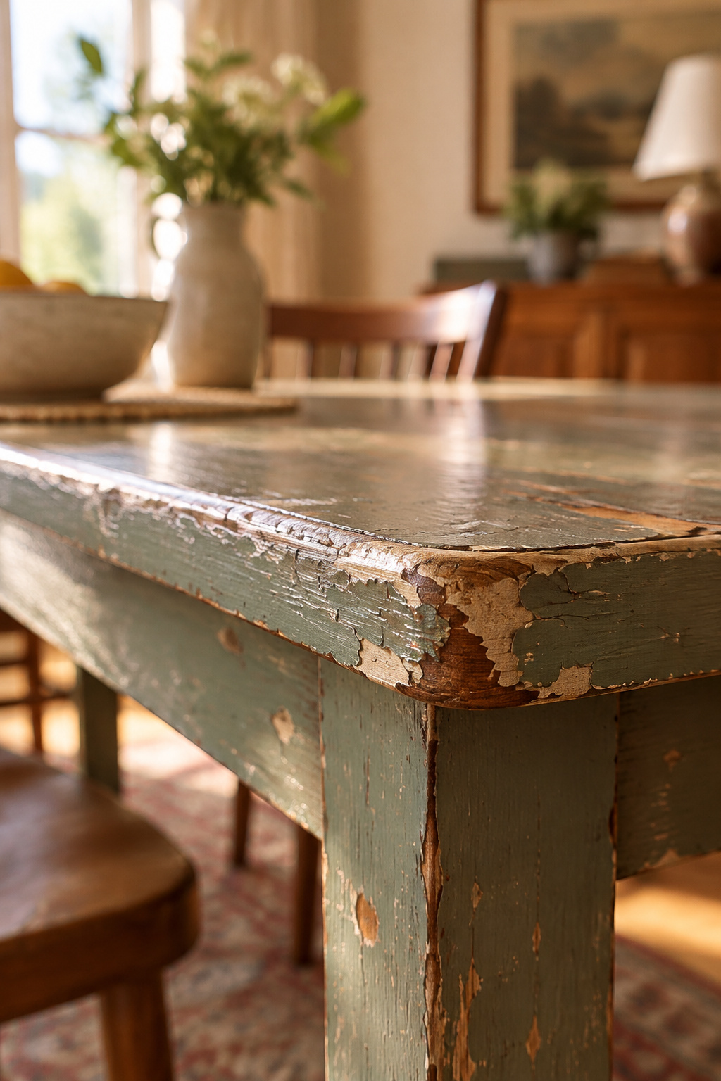 Close-up of chipped and peeling paint on the edge of a dining table top