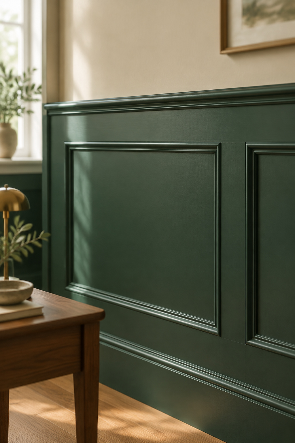 Deep stable bottle-green painted wainscot panel with a walnut side table in a daylit living room