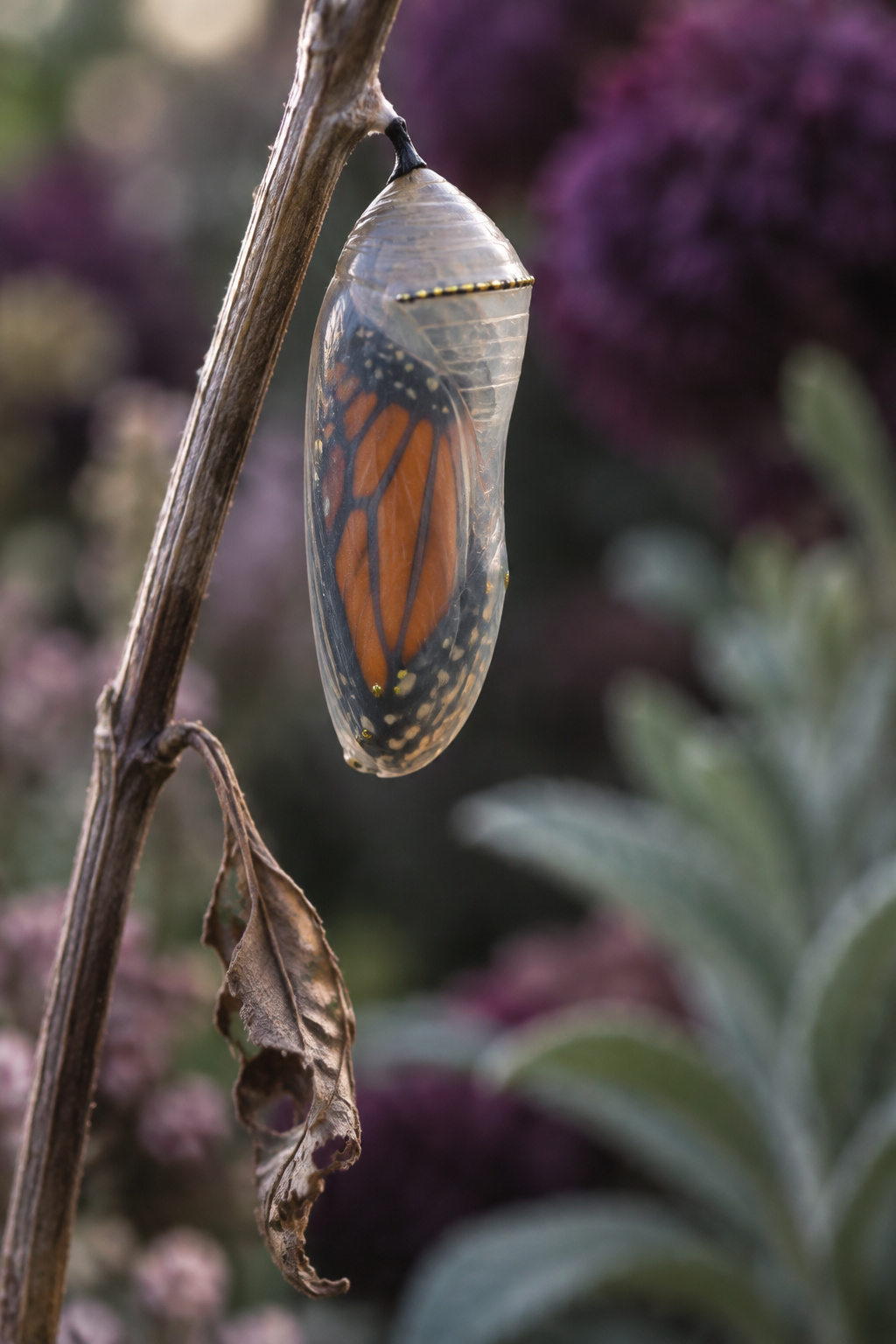 Translucent monarch chrysalis hanging from a stem, showing the folded orange and black wing pattern inside just before emergence