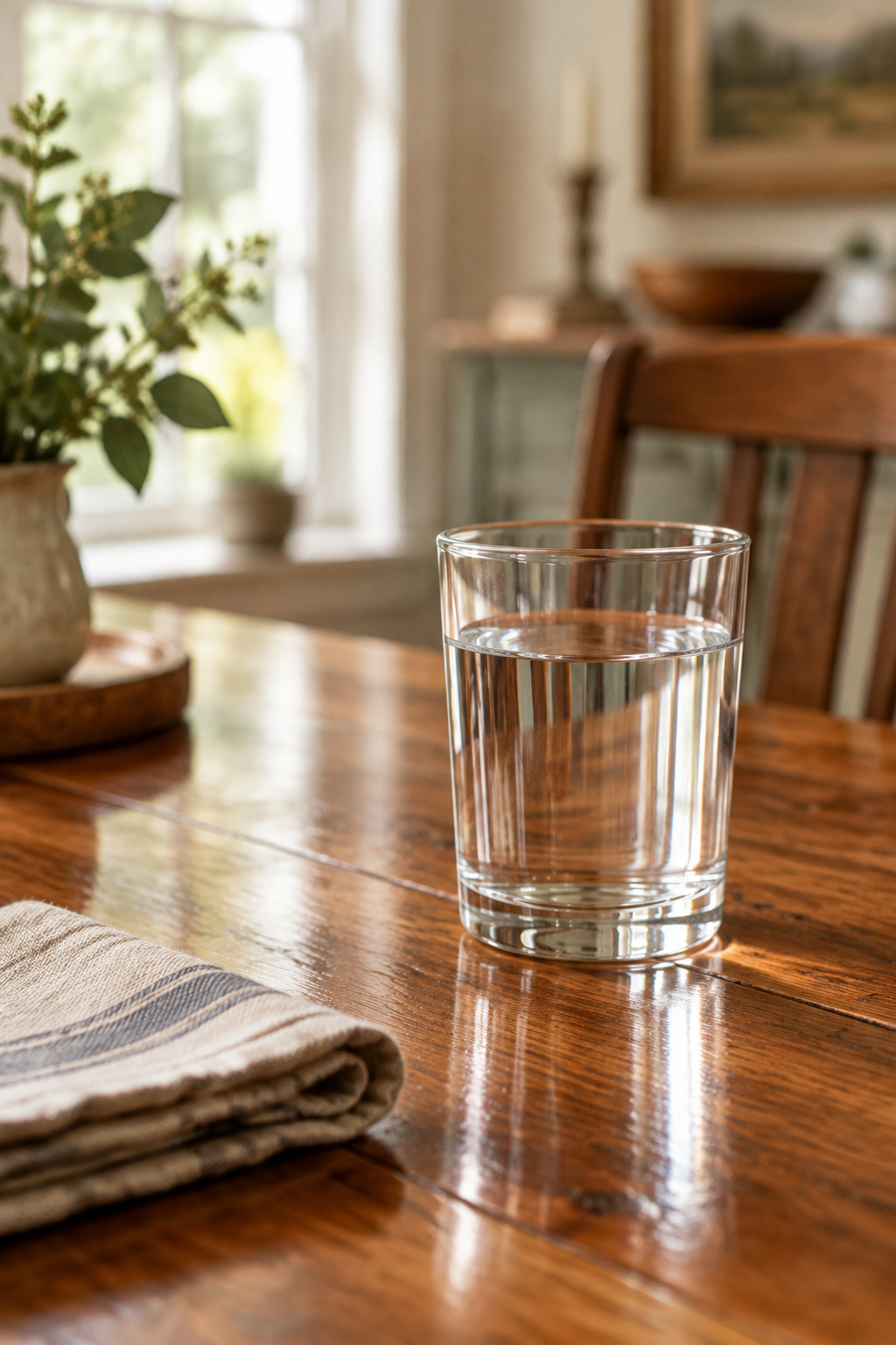 Satin clear coated wood tabletop with a glass of water resting on it, grain visible through the finish