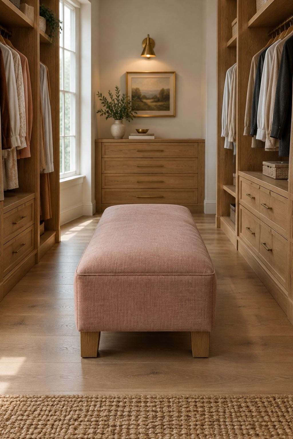 Upholstered bench at the end of a walk-in closet aisle with clear floor space on either side