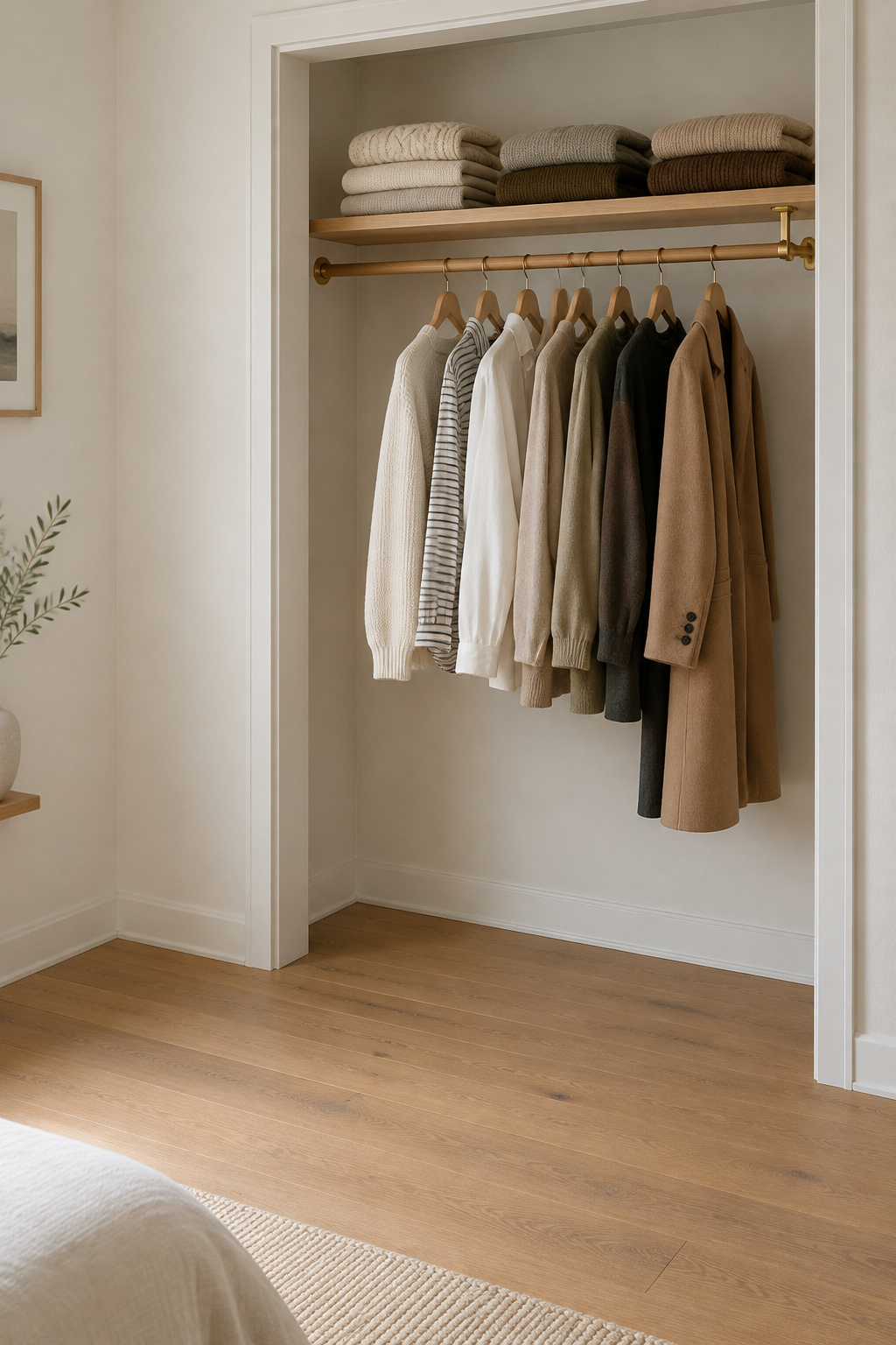 Bedroom closet holding a small edited wardrobe with open floor space where a dresser used to stand
