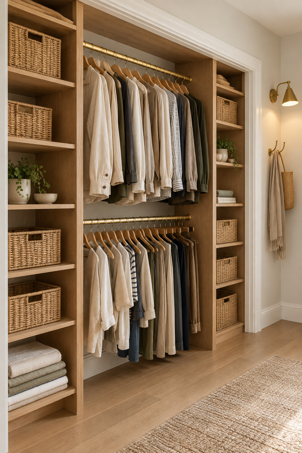 Organized closet with natural oak shelving, brushed brass rod and hooks, folded linens in rattan bins, and real hanging clothes at believable density