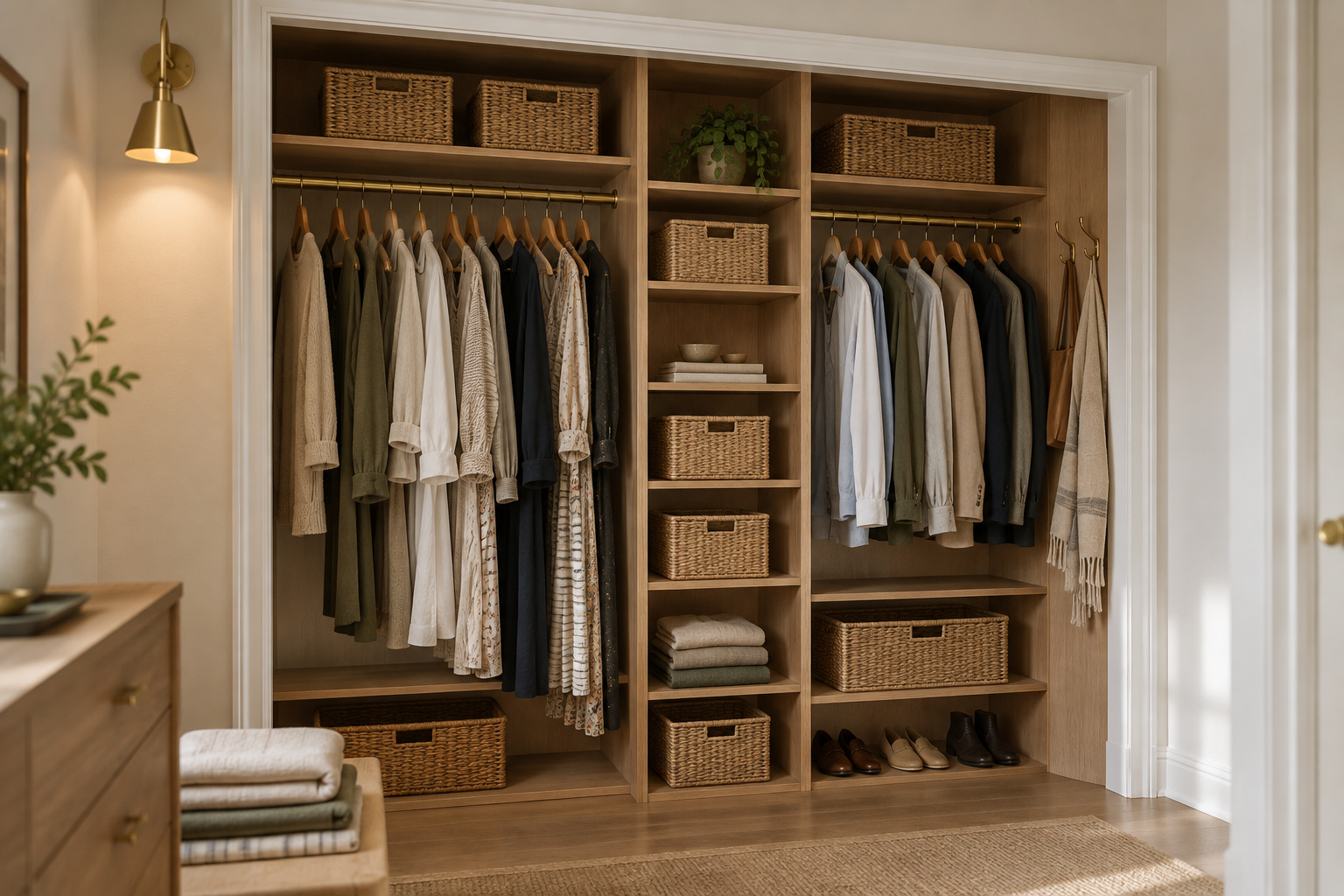 Organized closet with natural oak shelving, brushed brass rod and hooks, folded linens in rattan bins, and real hanging clothes at believable density