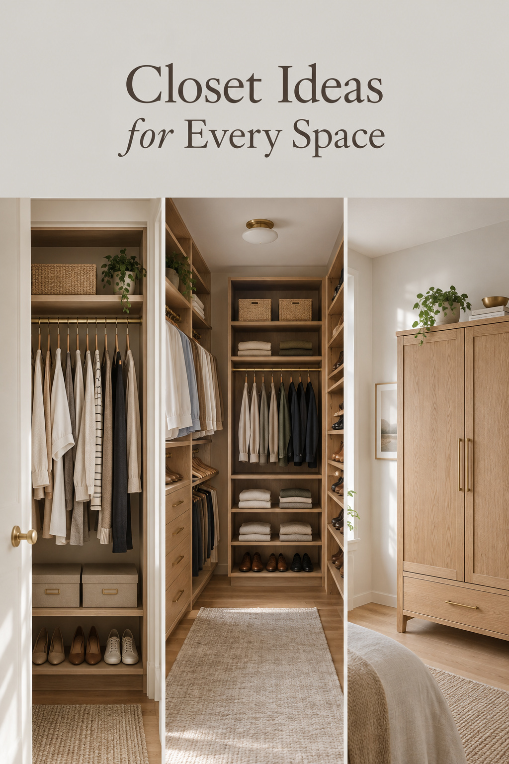 Pinterest pin collage of three closet organization styles: small reach-in closet, zoned walk-in closet, and freestanding wardrobe for a room with no closet