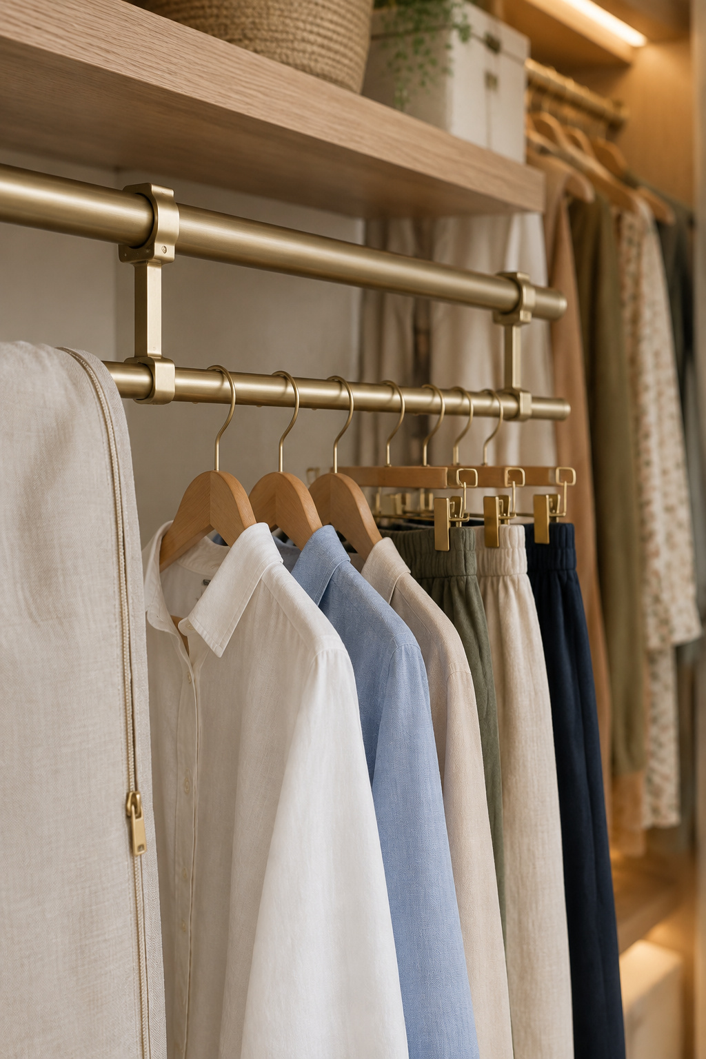 Metal closet rod doubler clipped beneath the original closet rod, holding shirts and skirts on a lower tier