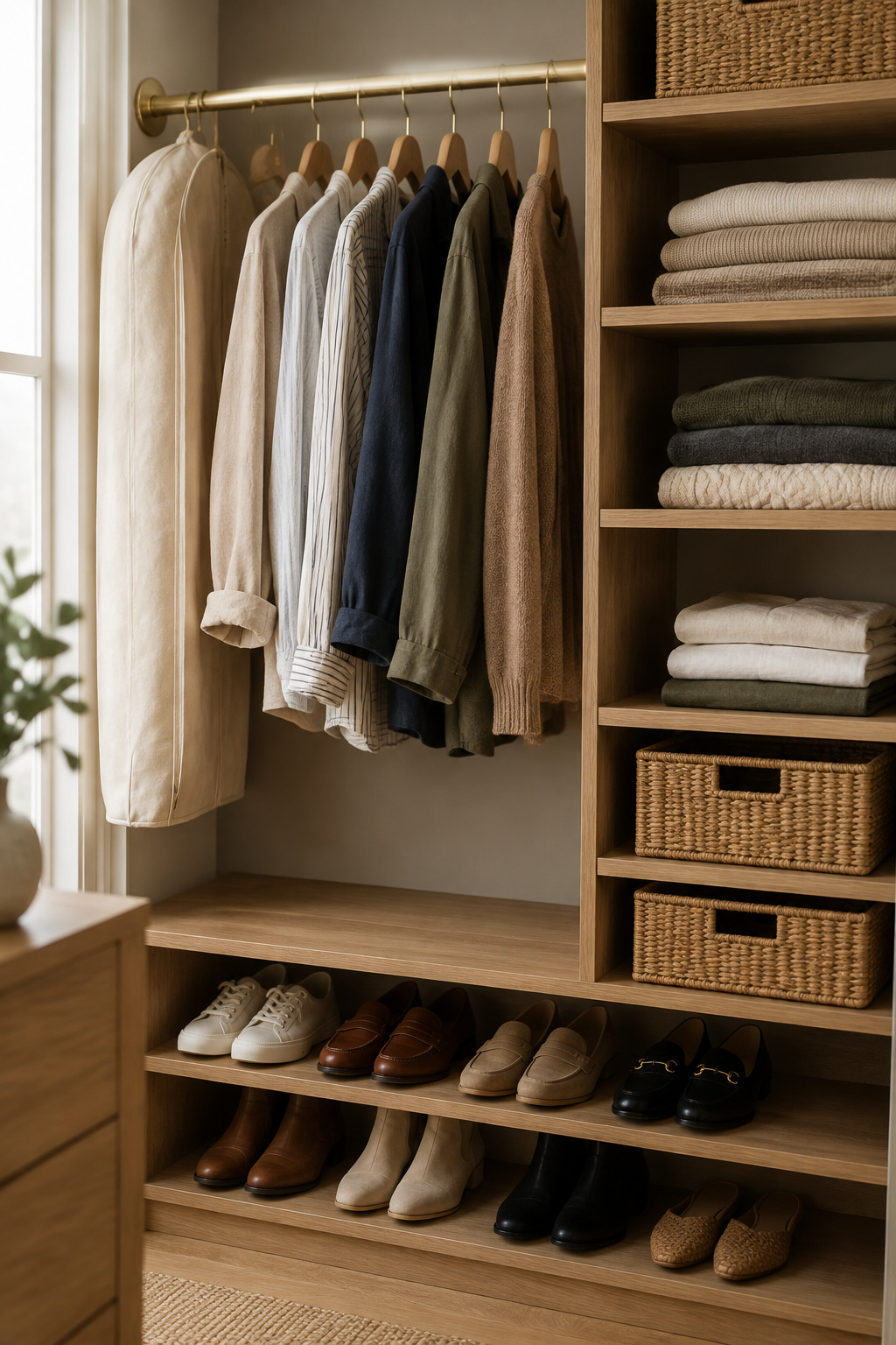 Closet interior zoned into hanging, folded-goods and shoe sections with brushed brass hardware and rattan bins
