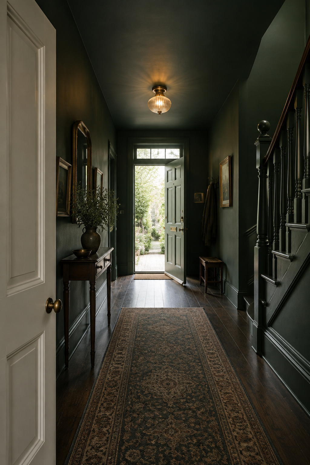 Entryway hall with walls, trim and ceiling all painted the same deep blackened green, one door left pale