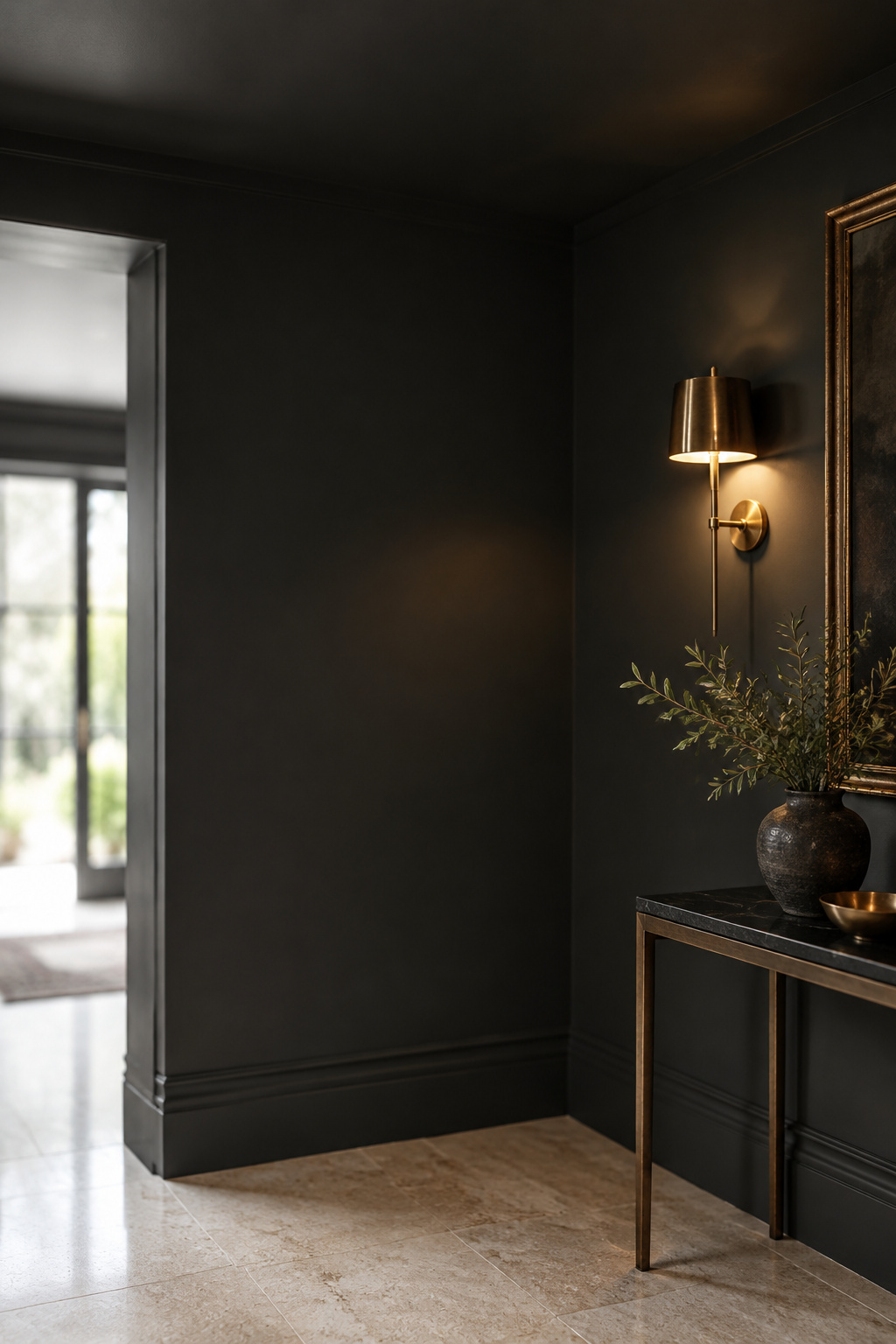 Corner where a dark ceiling, wall and trim all meet in one unbroken graphite-black paint colour