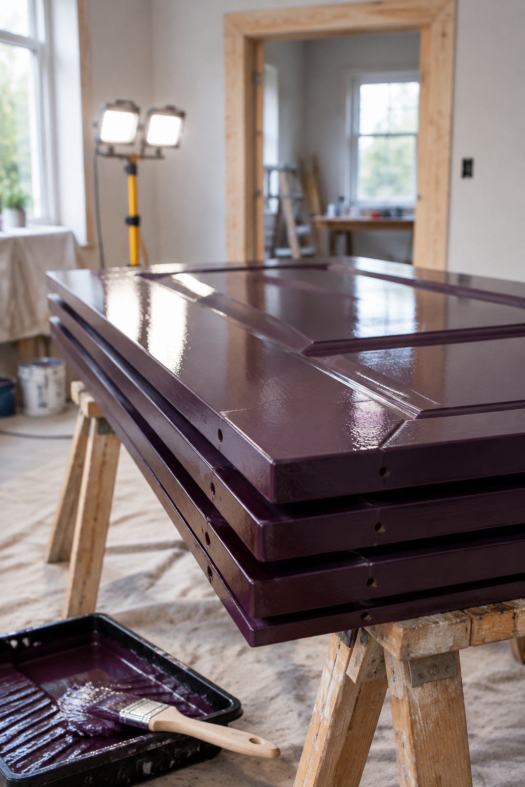 Several interior doors laid flat on sawhorses, freshly painted deep aubergine and still curing