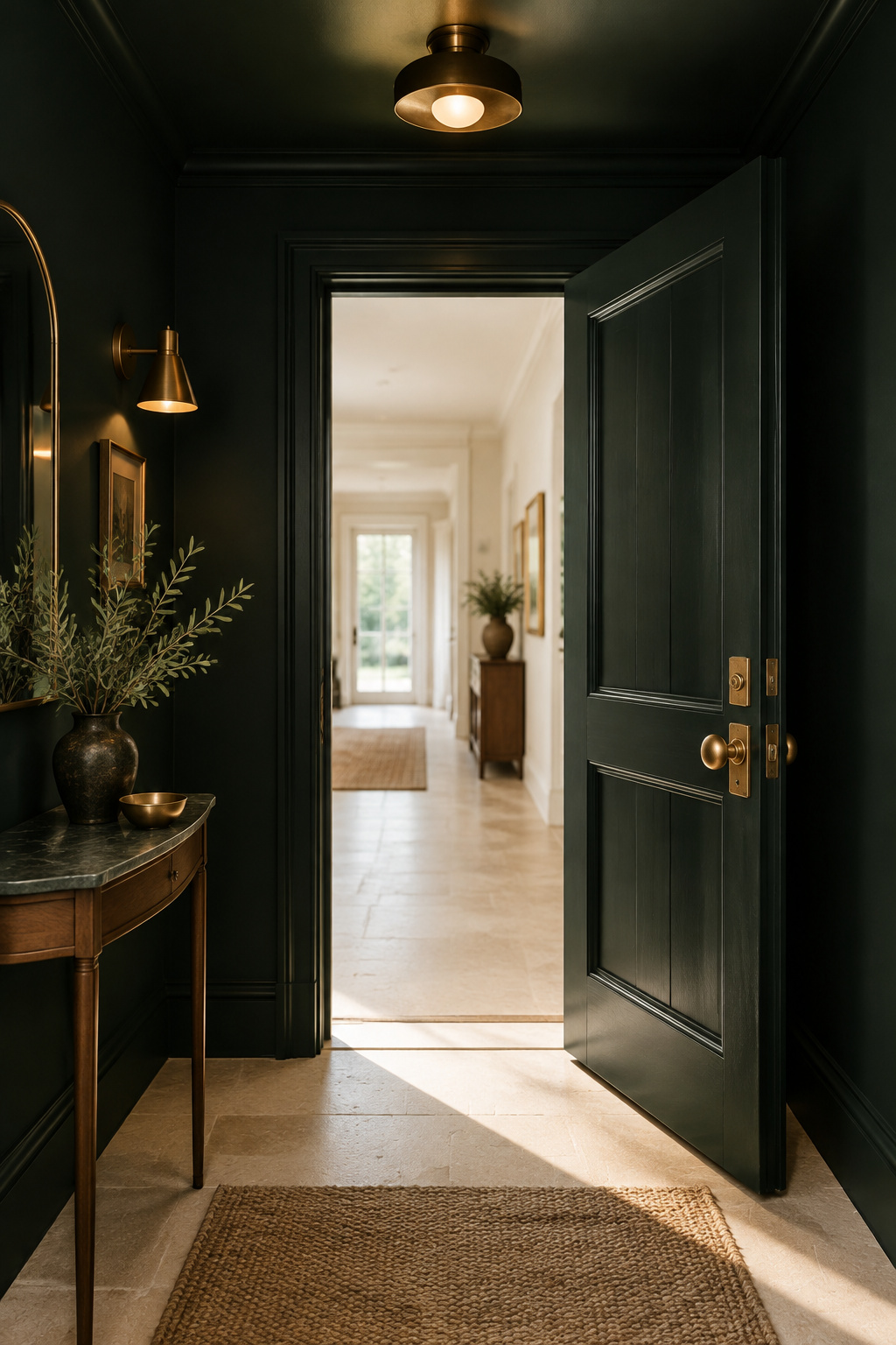 A small entryway with walls, ceiling, trim and door all painted the same deep blackened-green, daylight spilling in through the open front door