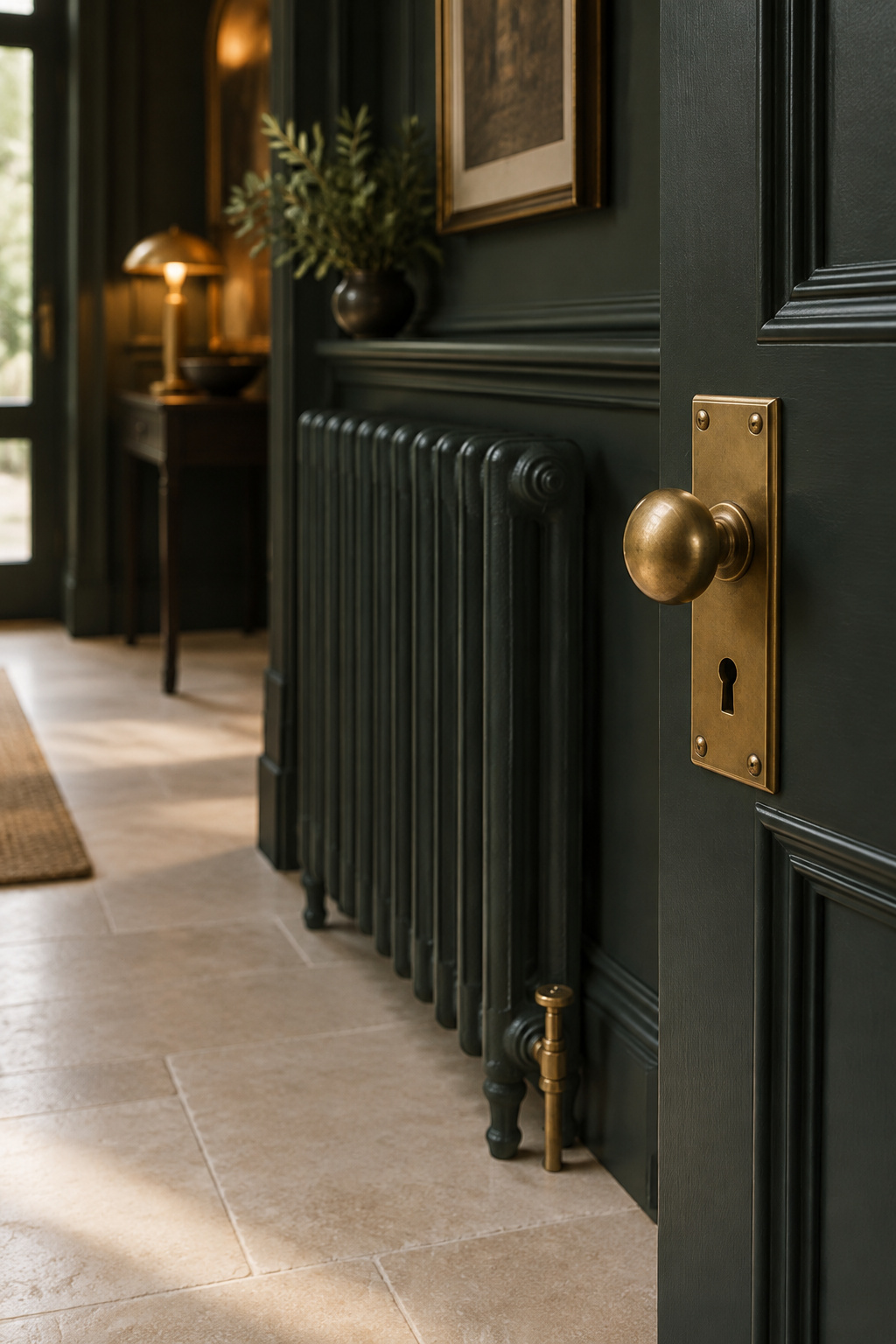 Radiator painted the same deep blackened-green as the wall it's mounted on, with unpainted brass door hardware visible nearby