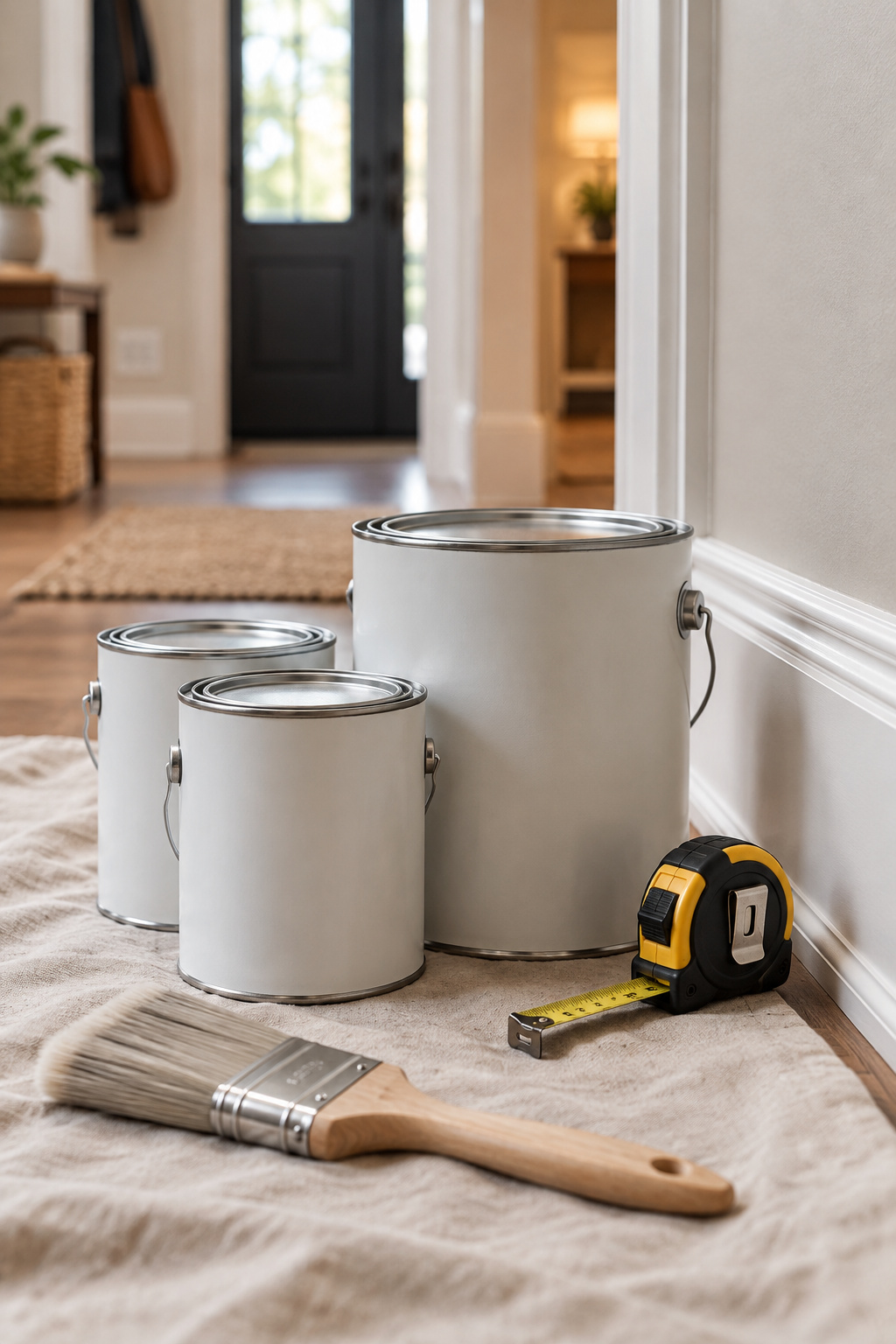 Two quarts and one gallon of deep brown paint lined up next to a tape measure stretched along a baseboard