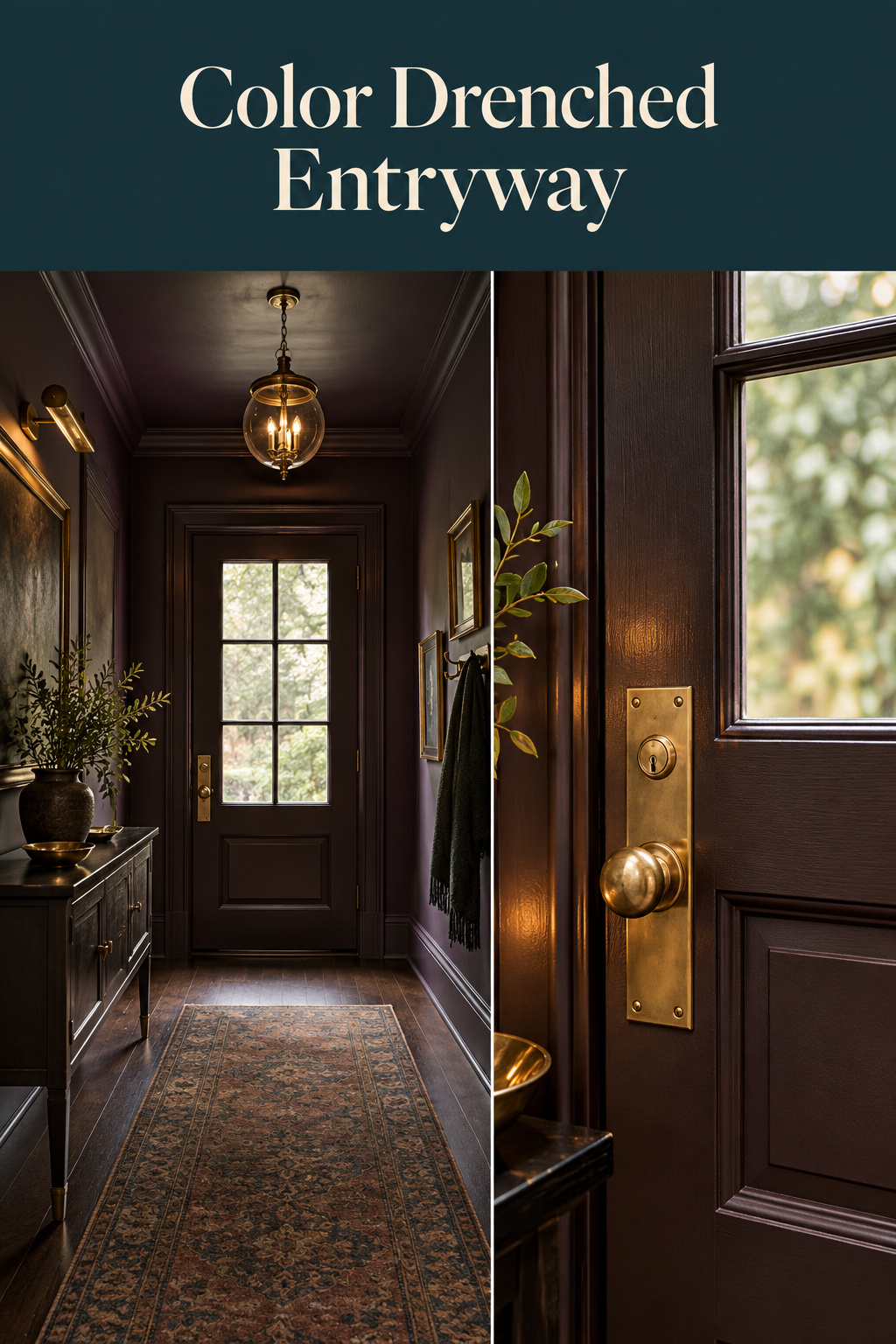 Pinterest pin showing a color drenched entryway in two panels, one wide shot and one door closeup, both in deep one-hue paint