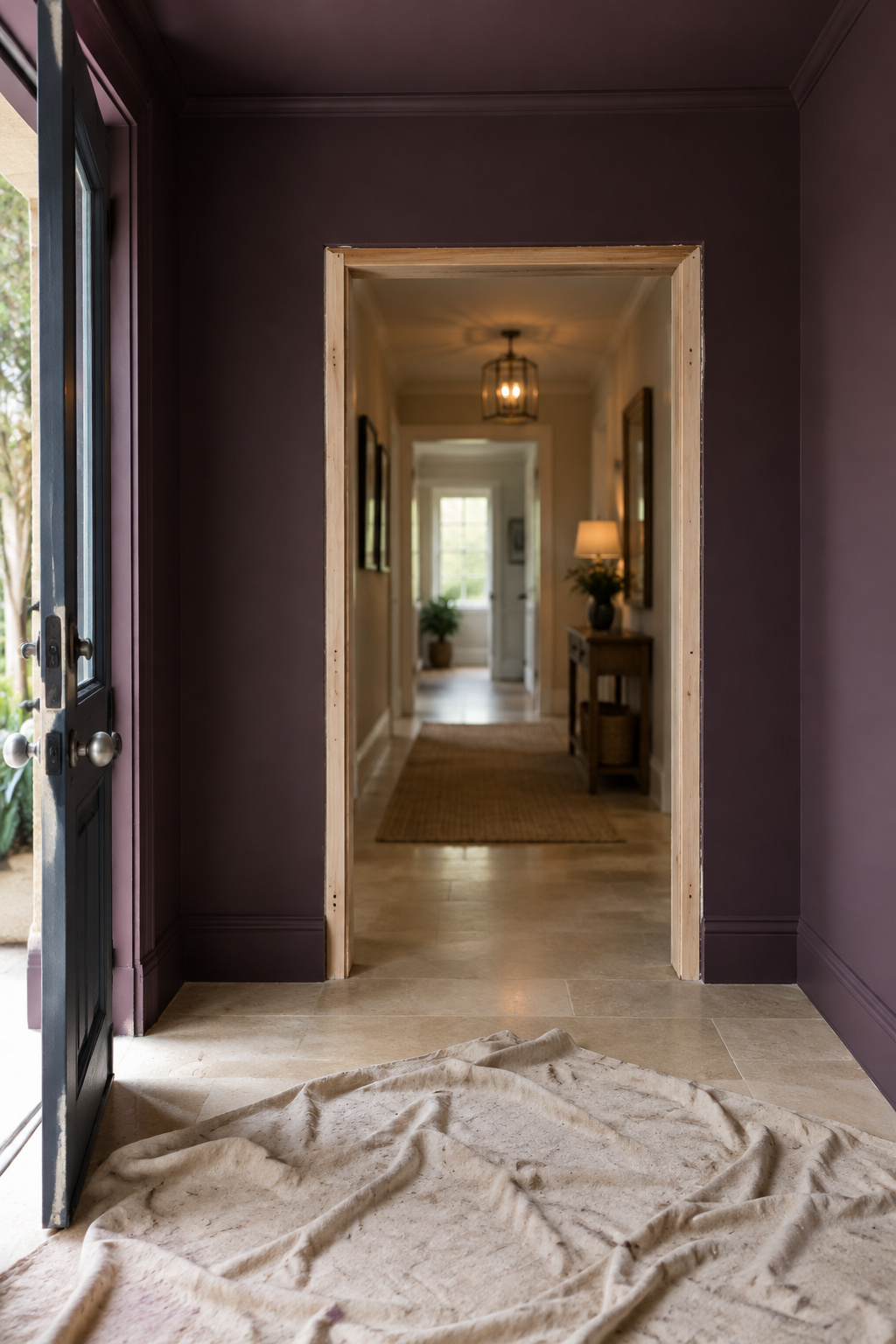 Entryway with walls and ceiling freshly painted deep aubergine and one door frame left empty, door removed for painting