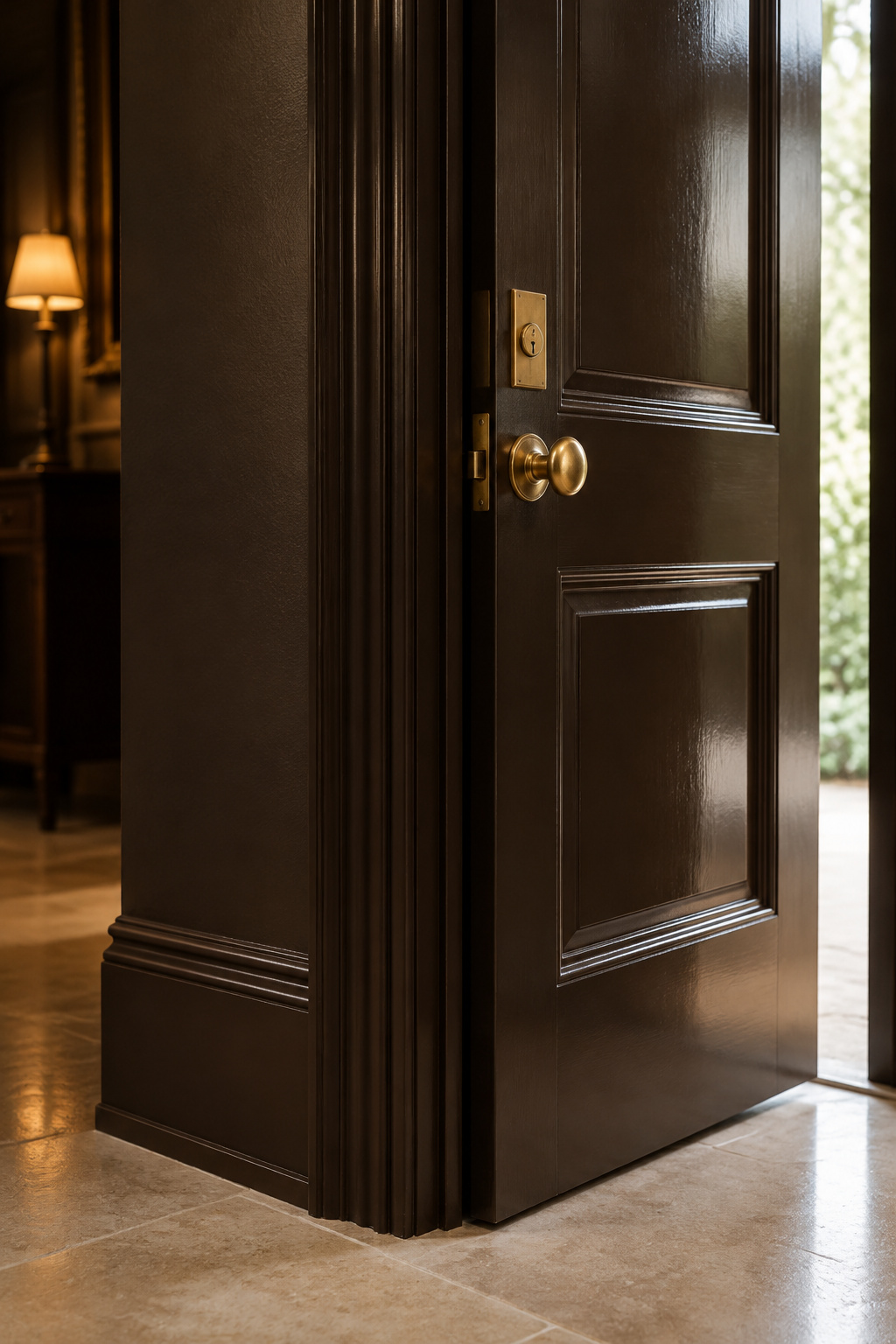 Front door and surrounding trim painted deep espresso-brown with a subtle sheen change from the matte wall beside it, brass hardware visible