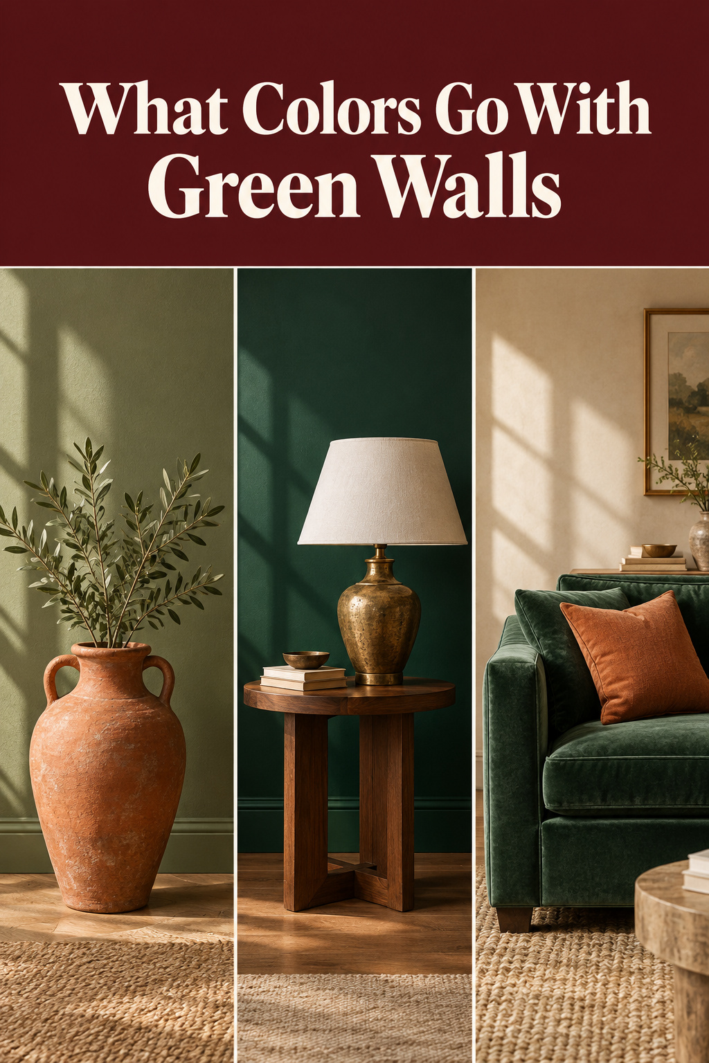 Three-panel Pinterest collage showing terracotta ceramics, walnut and brass, and a green velvet sofa paired with warm-neutral rooms