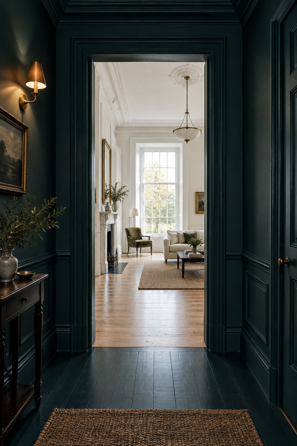 Threshold where a low dark teal entry hall opens into a taller bright white room beyond