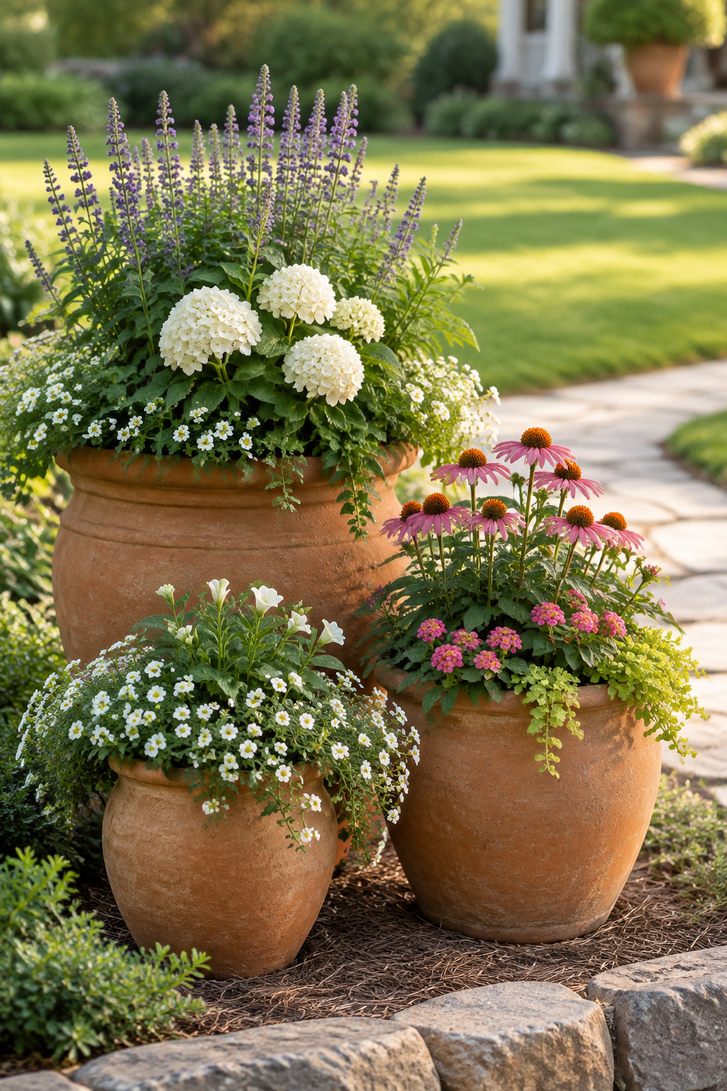 Three layered terracotta pots beside a tidy front-yard perennial drift bed with a fieldstone edge