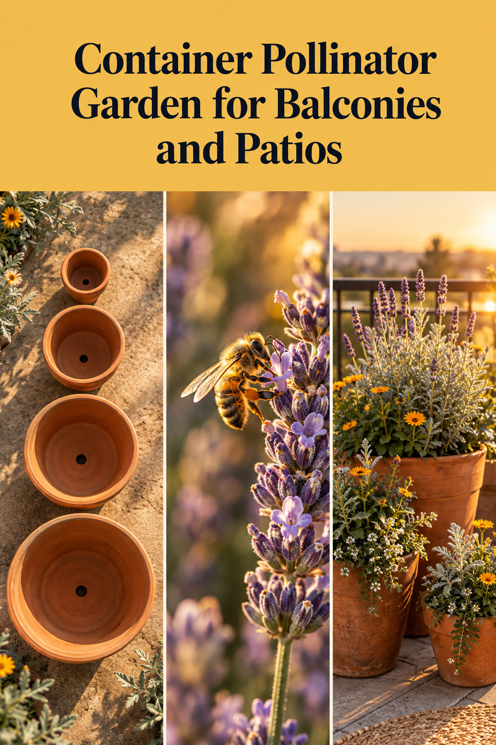 Pinterest collage of terracotta pots in ascending sizes, a bee foraging on lavender, and a golden-hour balcony pollinator garden grouping, with a butterscotch yellow text band reading Container Pollinator Garden for Balconies and Patios