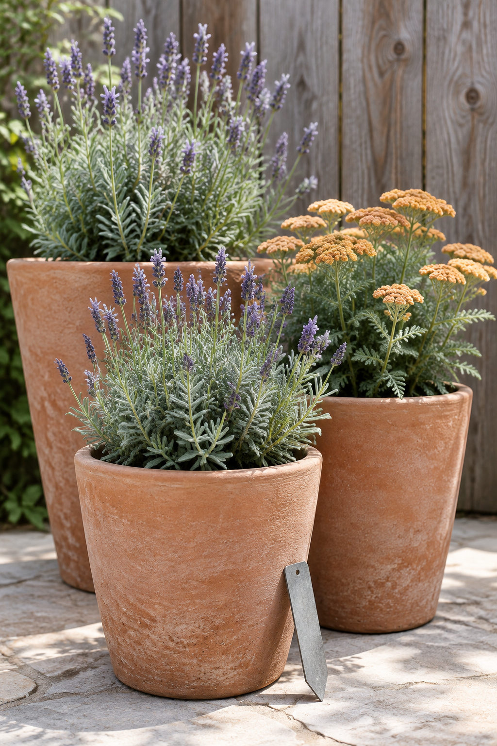 Three unglazed terracotta pots grouped on pale flagstone, planted with grey-green foliage and lavender and butterscotch blooms