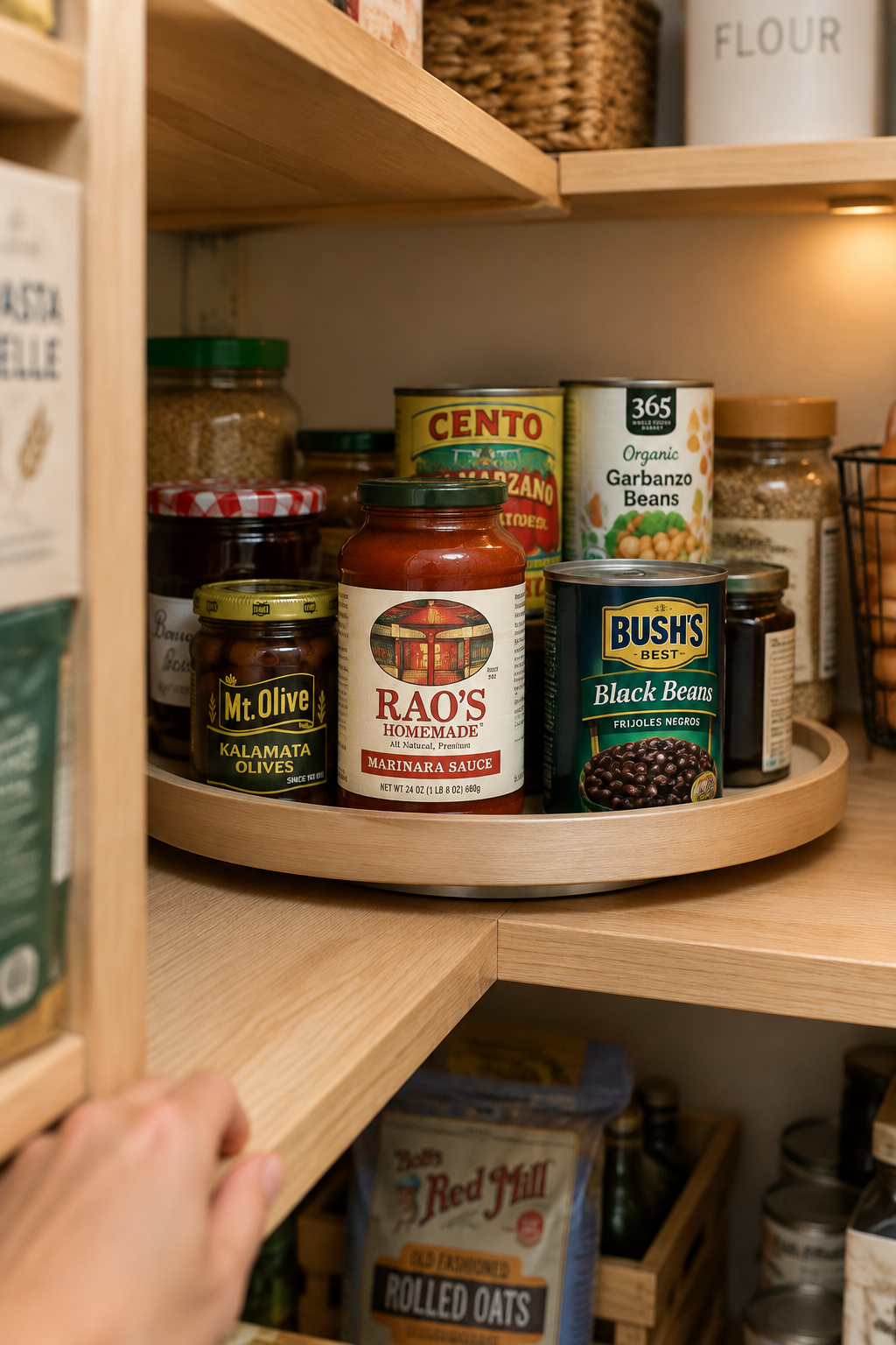Round lazy susan turntable holding jars and cans in the back corner of a small closet pantry