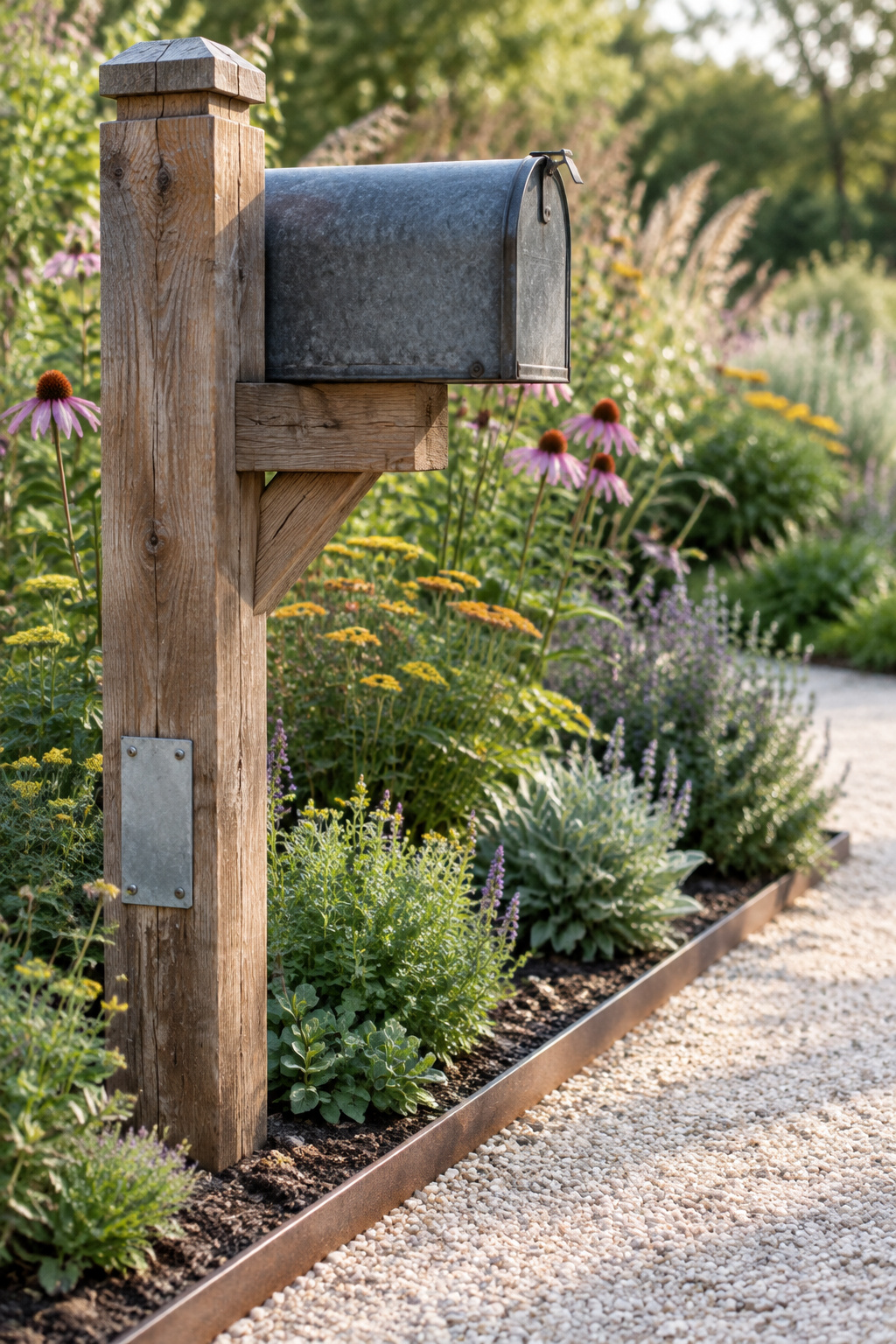 Weathered cedar mailbox post beside a low, crisply edged pollinator planting held within a defined setback