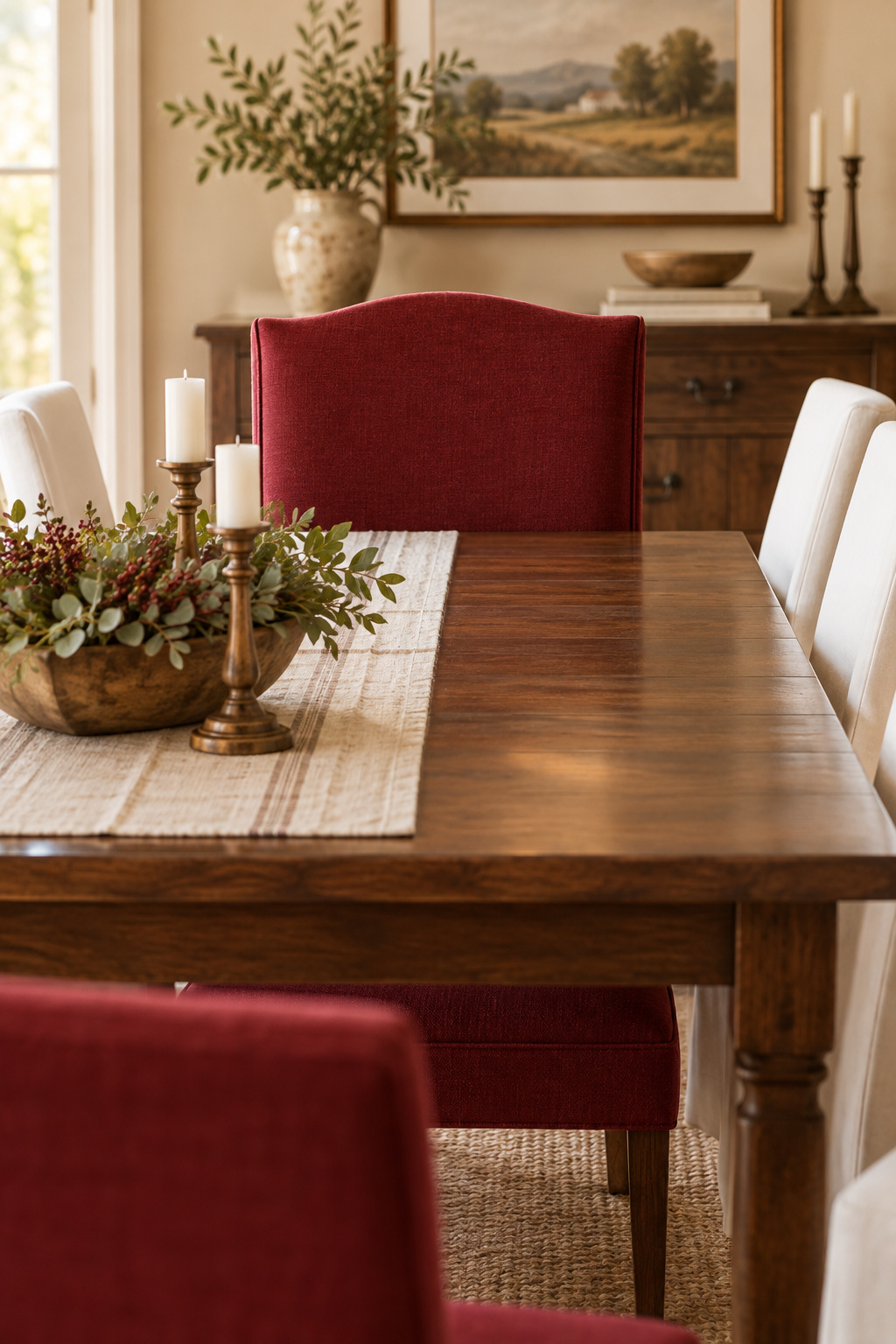 Cranberry red upholstered dining chair at the head of a two-tone walnut and white dining table