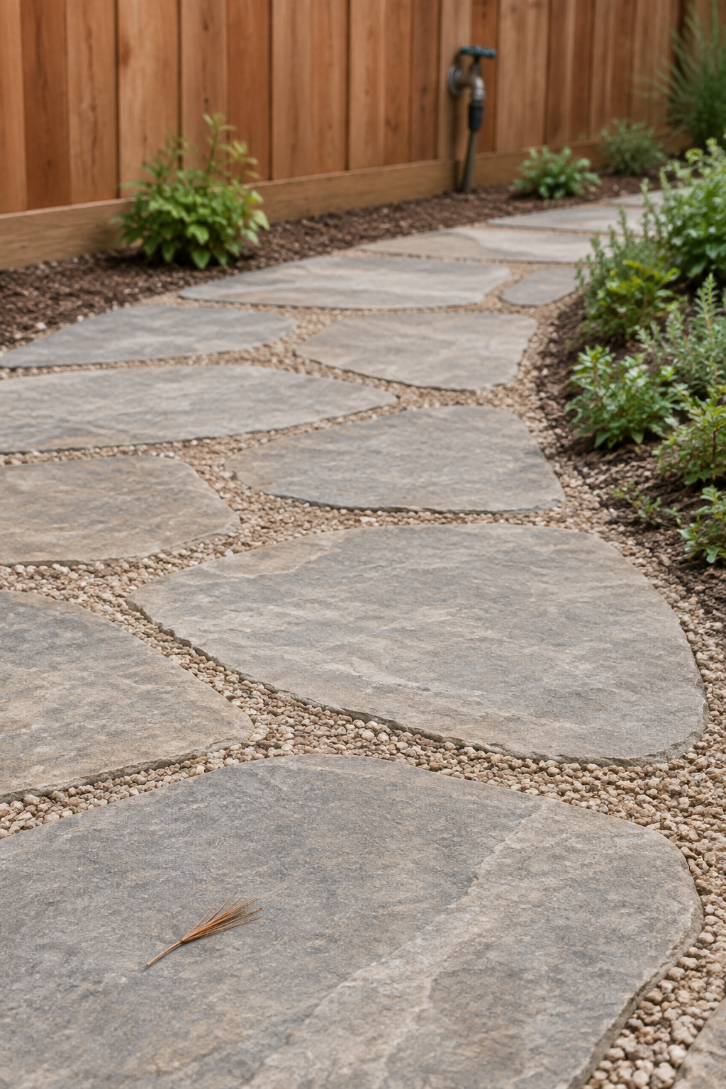A curving run of flagstones whose gaps are packed with compacted fine crushed stone, with a few small plants only at the quiet outer edge