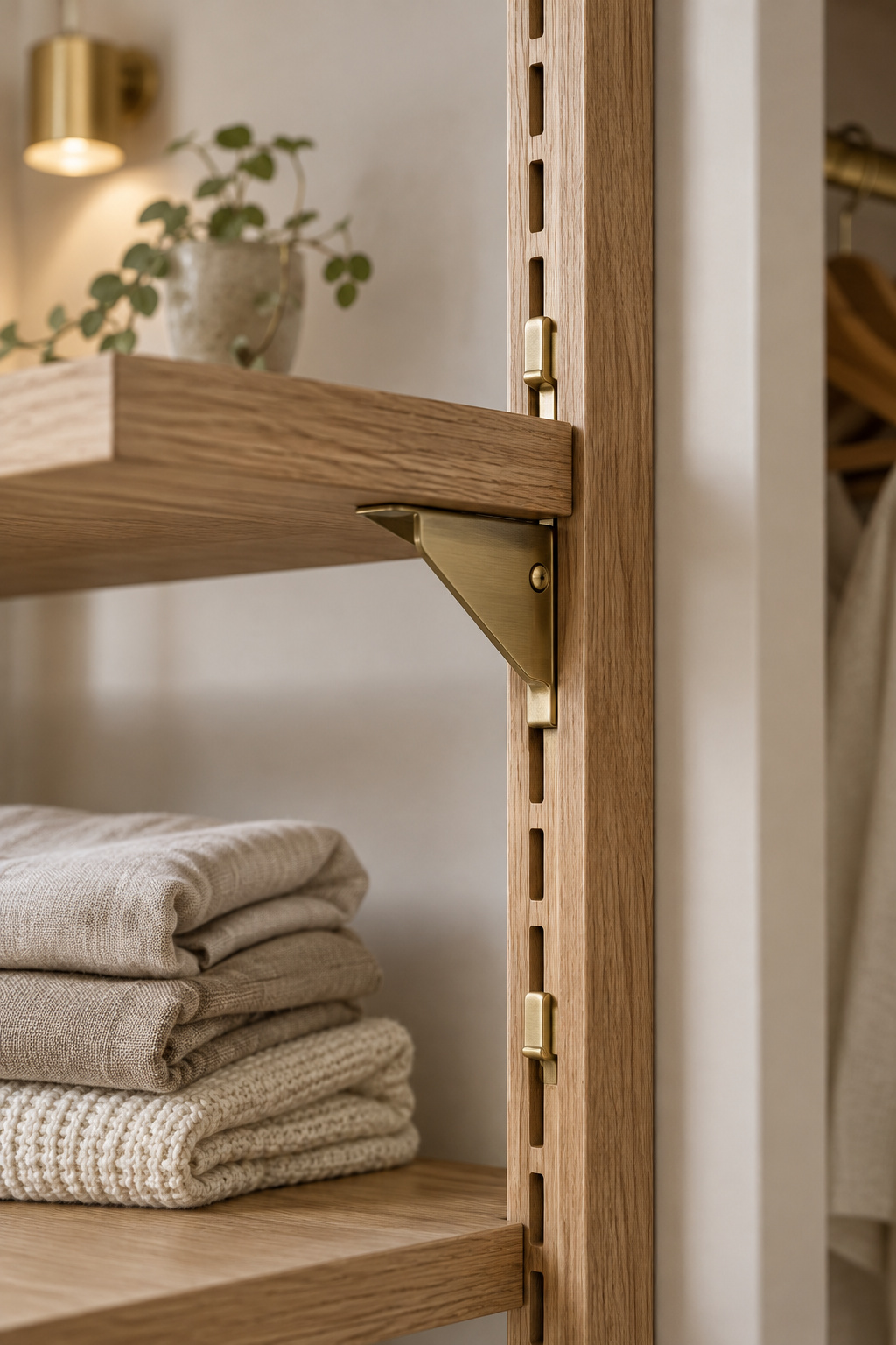 Adjustable closet shelving track with a bracket and folded linen textiles, showing an adjustable shelf system
