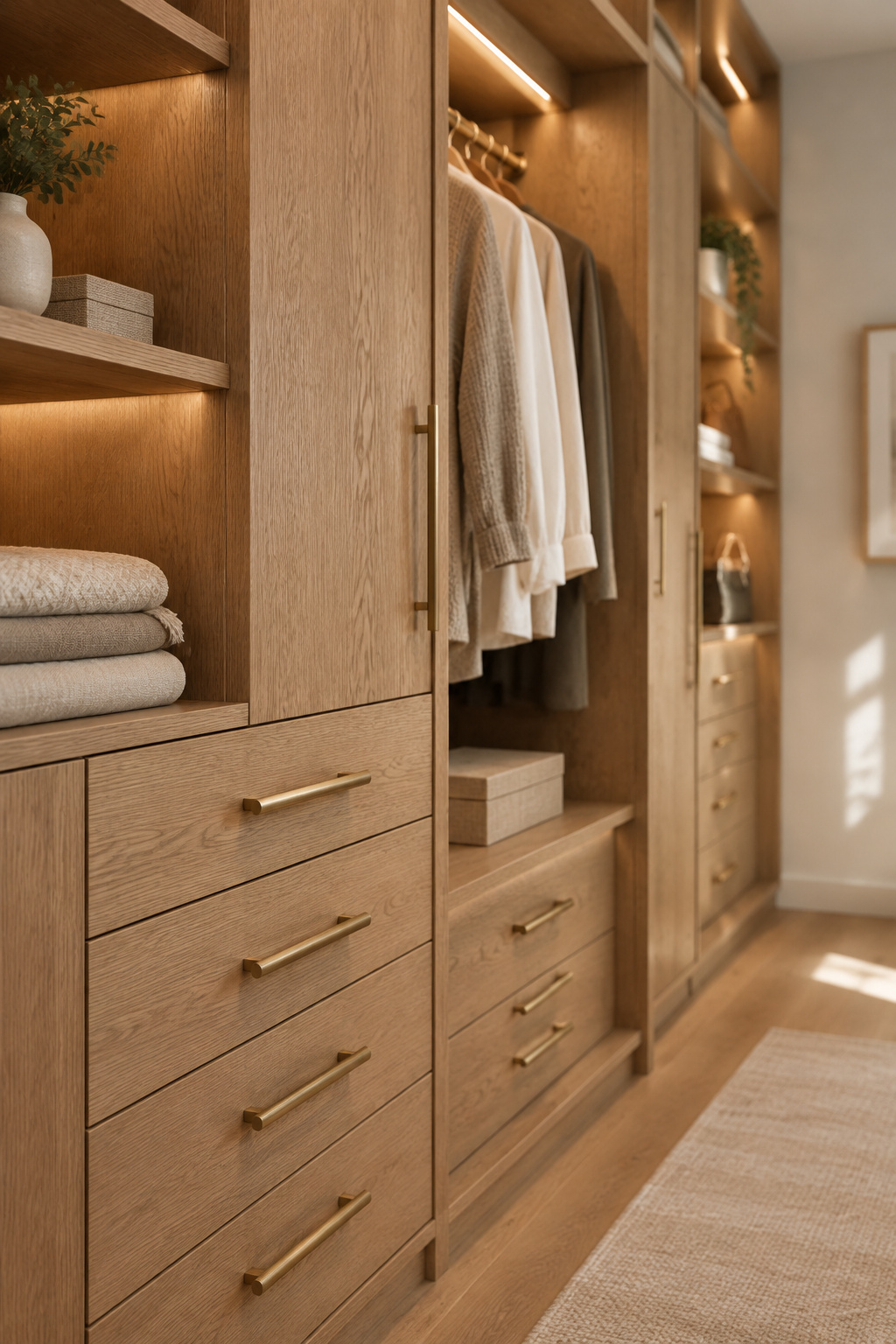Floor-to-ceiling built-in custom closet with oak cabinetry, drawer banks and brushed brass pulls